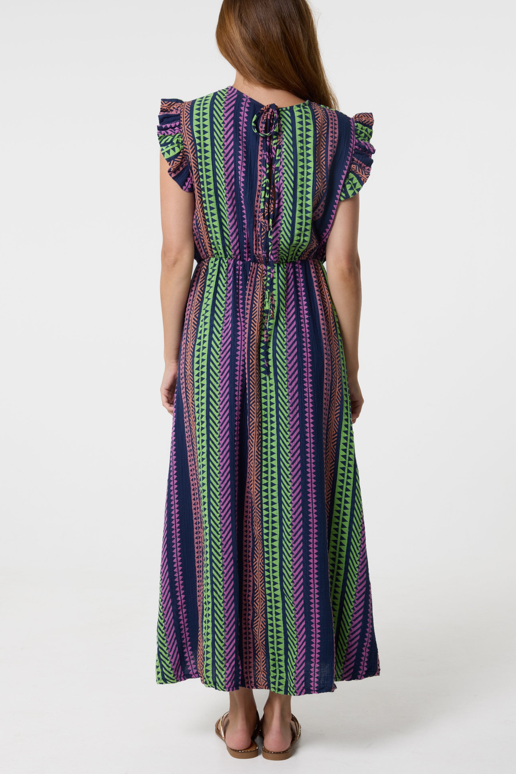 Aztec Print Frill Sleeve Cotton Dress