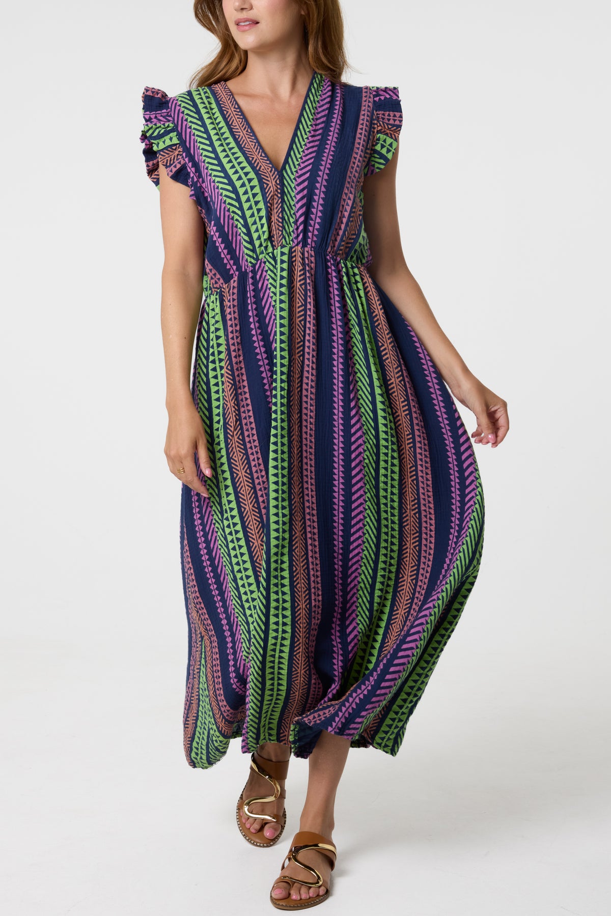 Aztec Print Frill Sleeve Cotton Dress