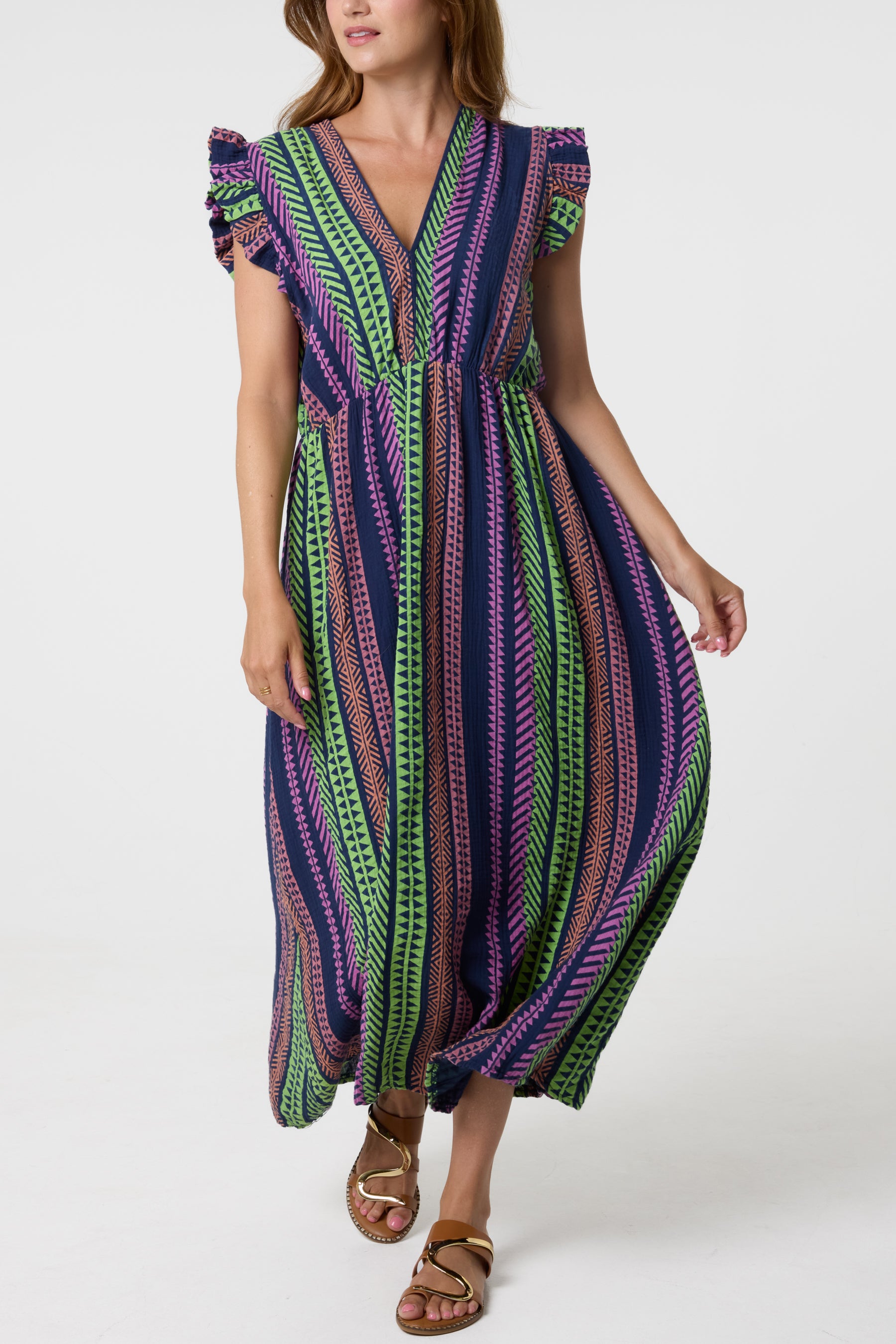 Aztec Print Frill Sleeve Cotton Dress