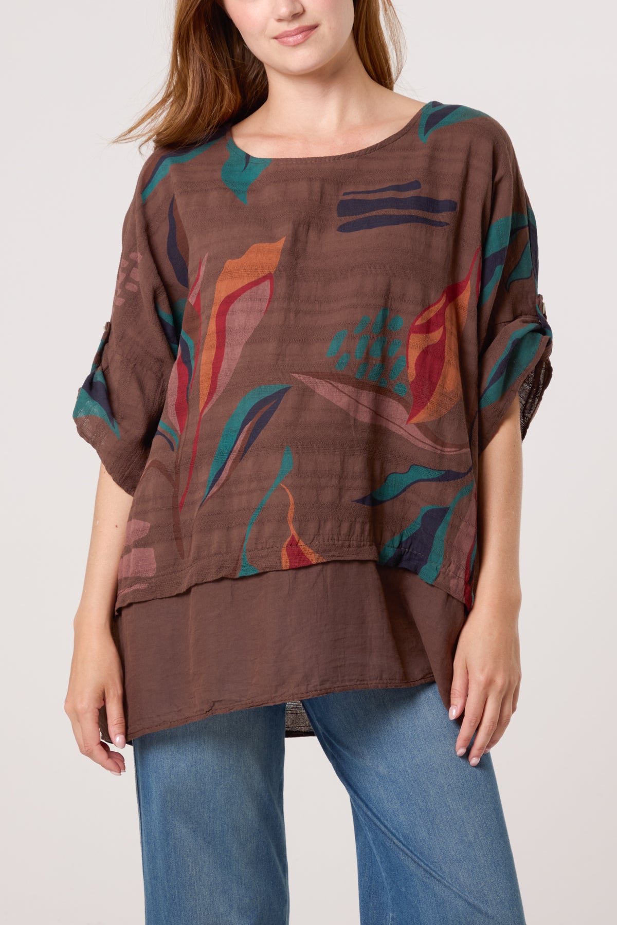 Pure Cotton Contrast Leaves Print Top