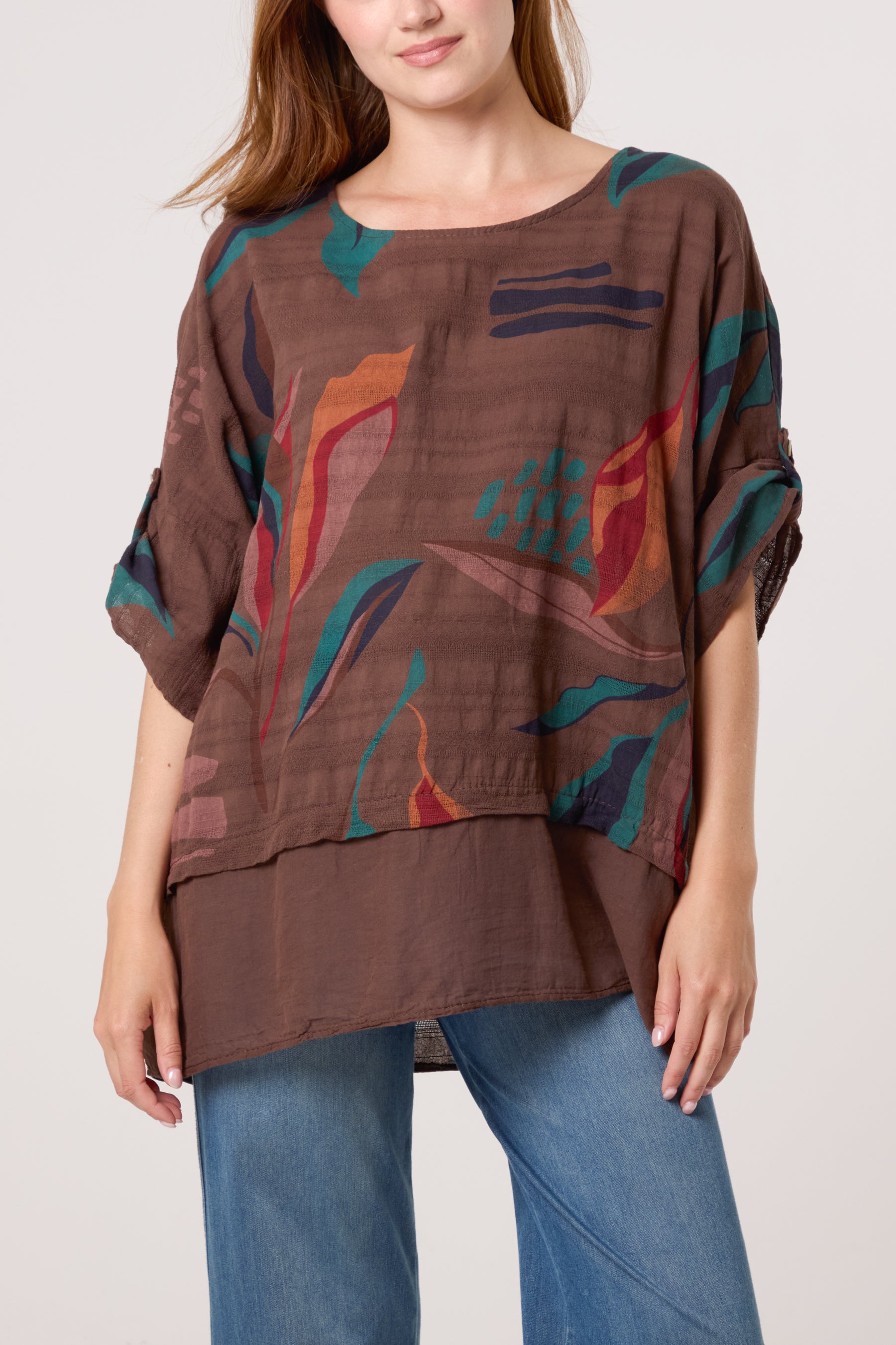 Pure Cotton Contrast Leaves Print Top