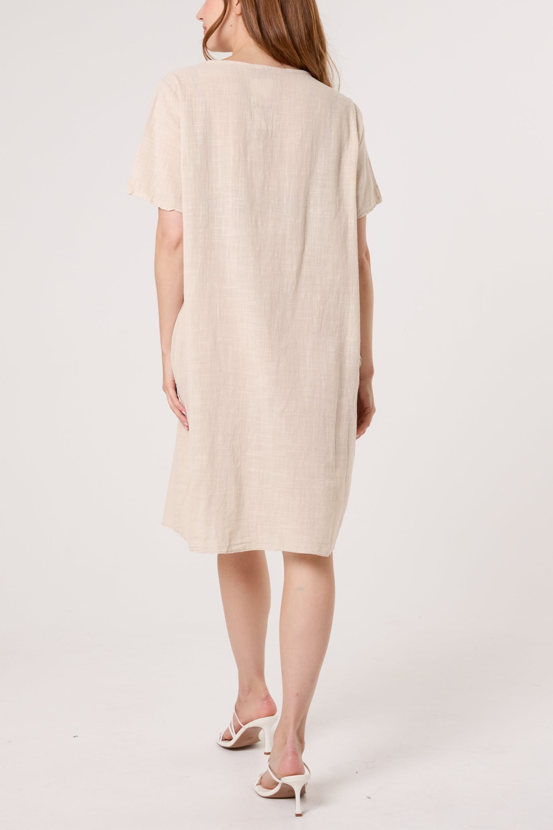 Front Button Pockets Cotton Dress