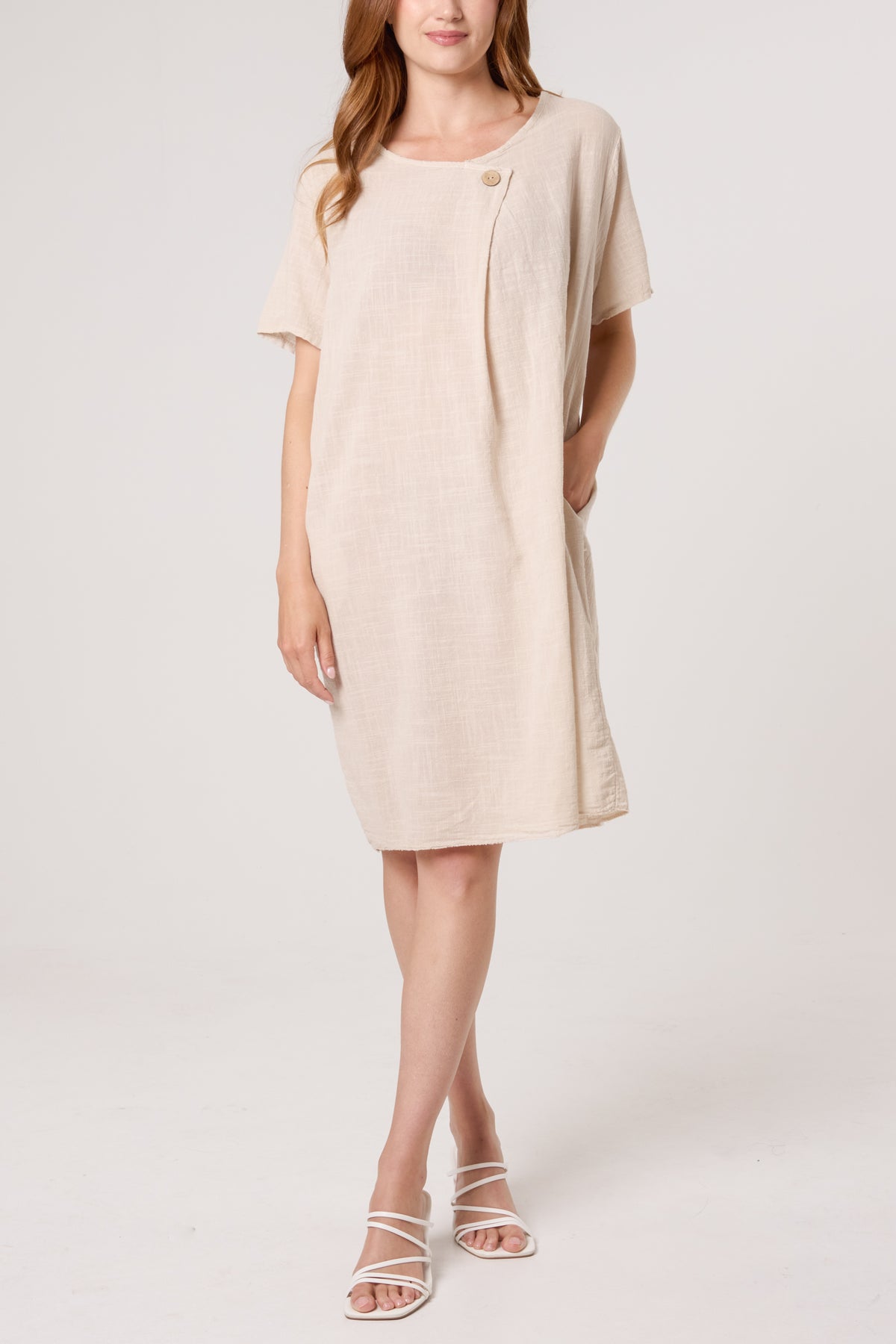 Front Button Pockets Cotton Dress