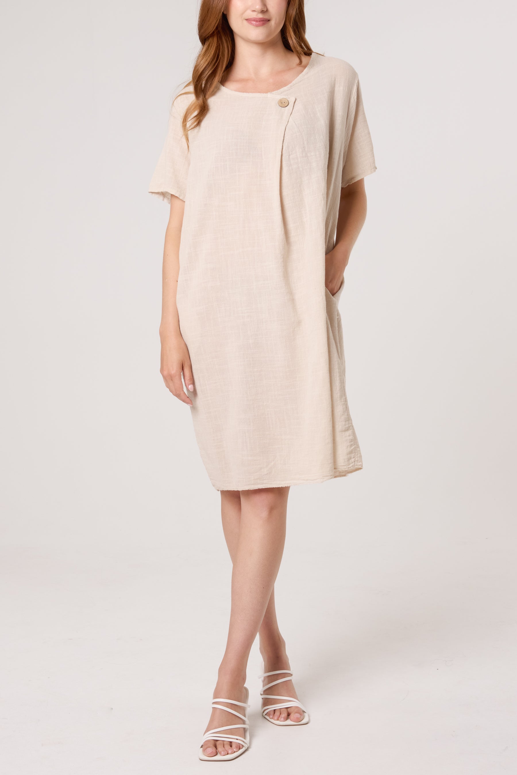 Front Button Pockets Cotton Dress