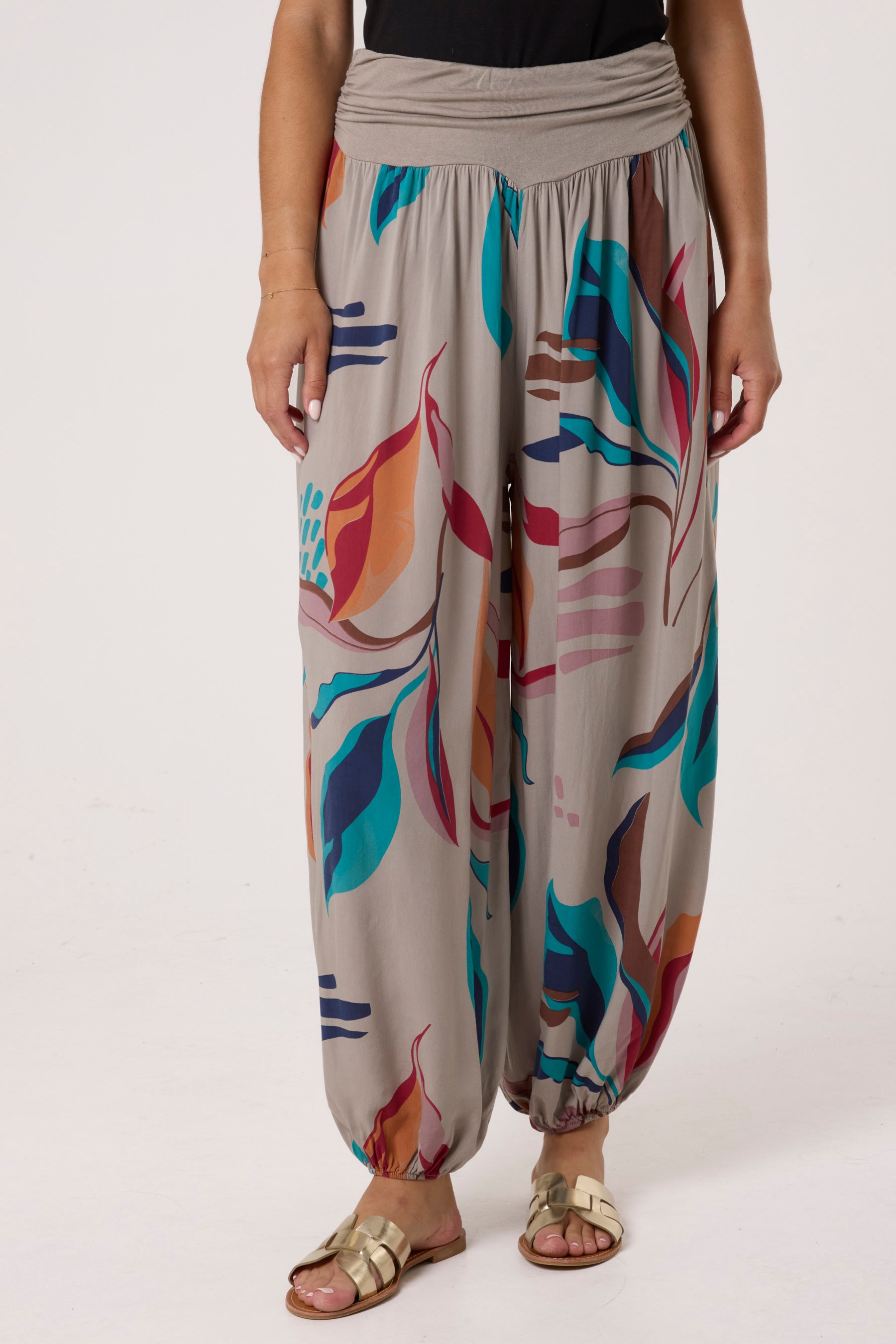 Leave Print Waistband Harem Trousers
