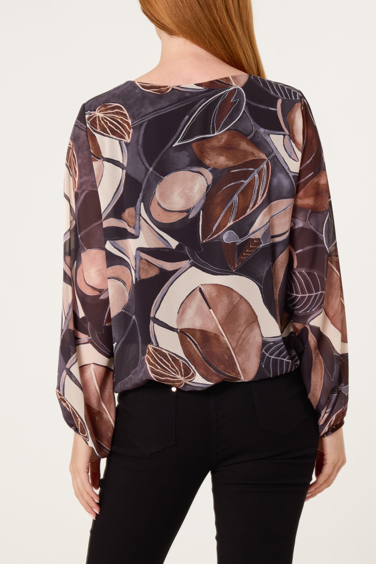 Scoop Neck Leave Print Blouse