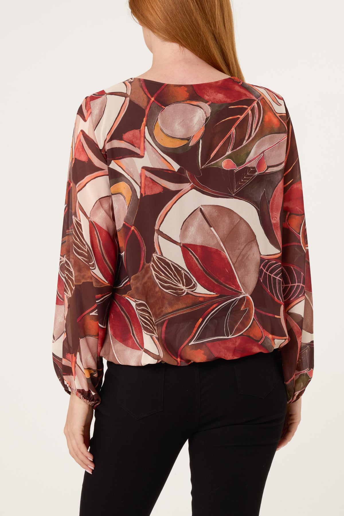 Scoop Neck Leave Print Blouse