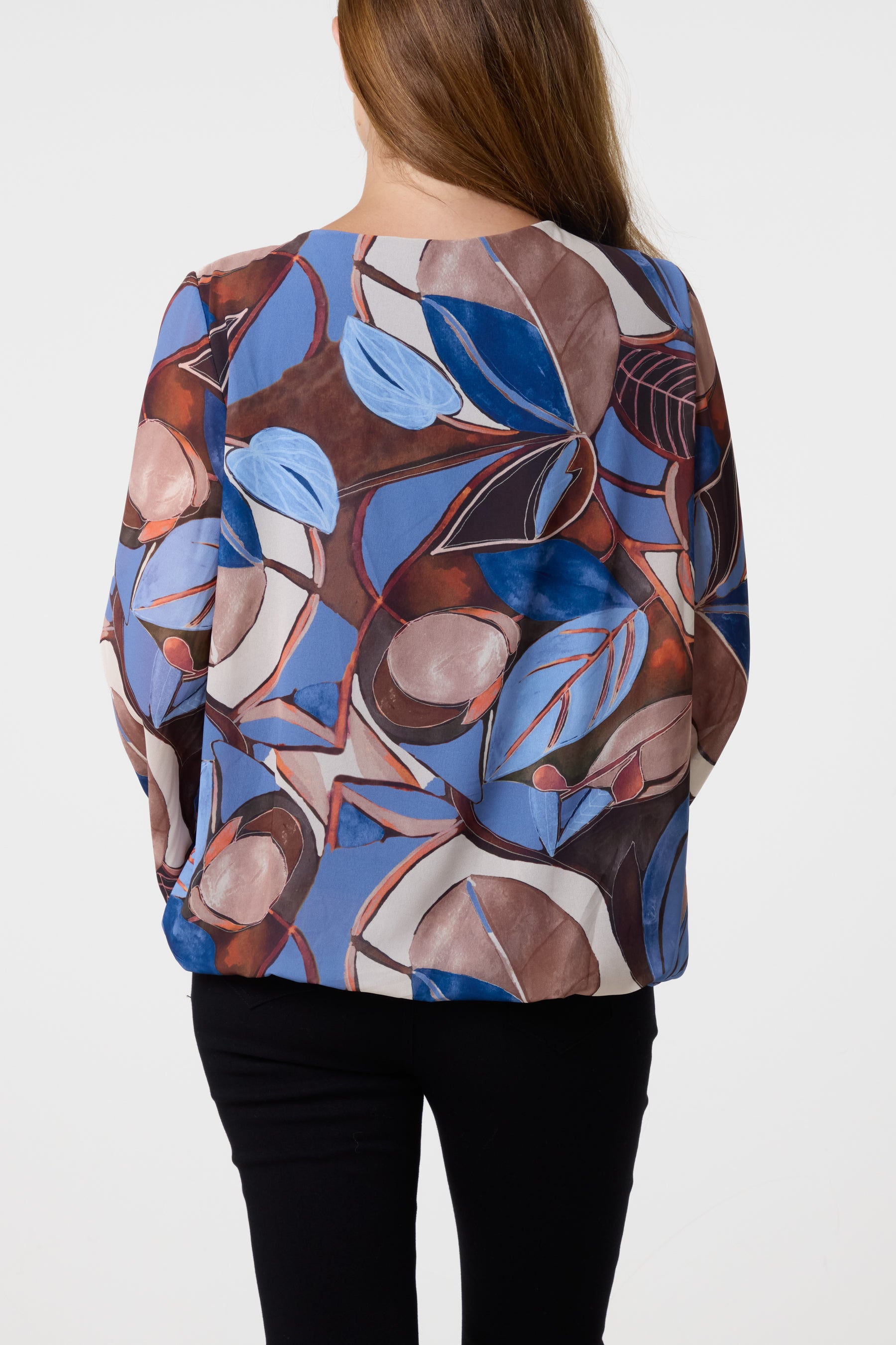 Scoop Neck Leave Print Blouse