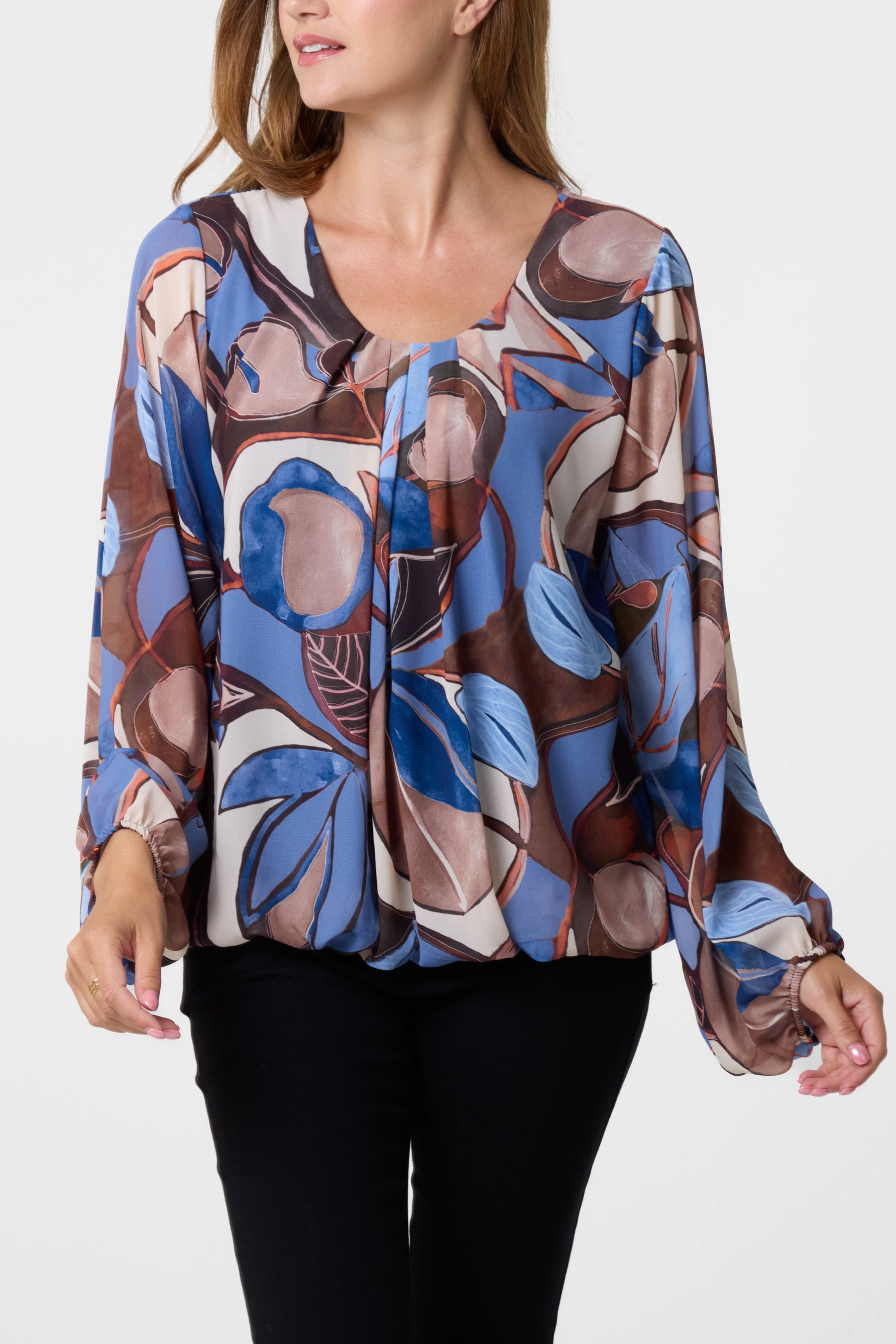 Scoop Neck Leave Print Blouse