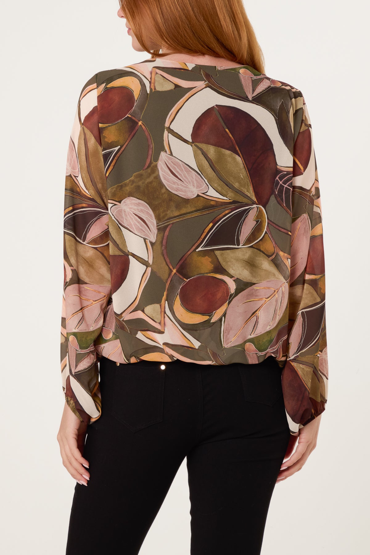 Scoop Neck Leave Print Blouse