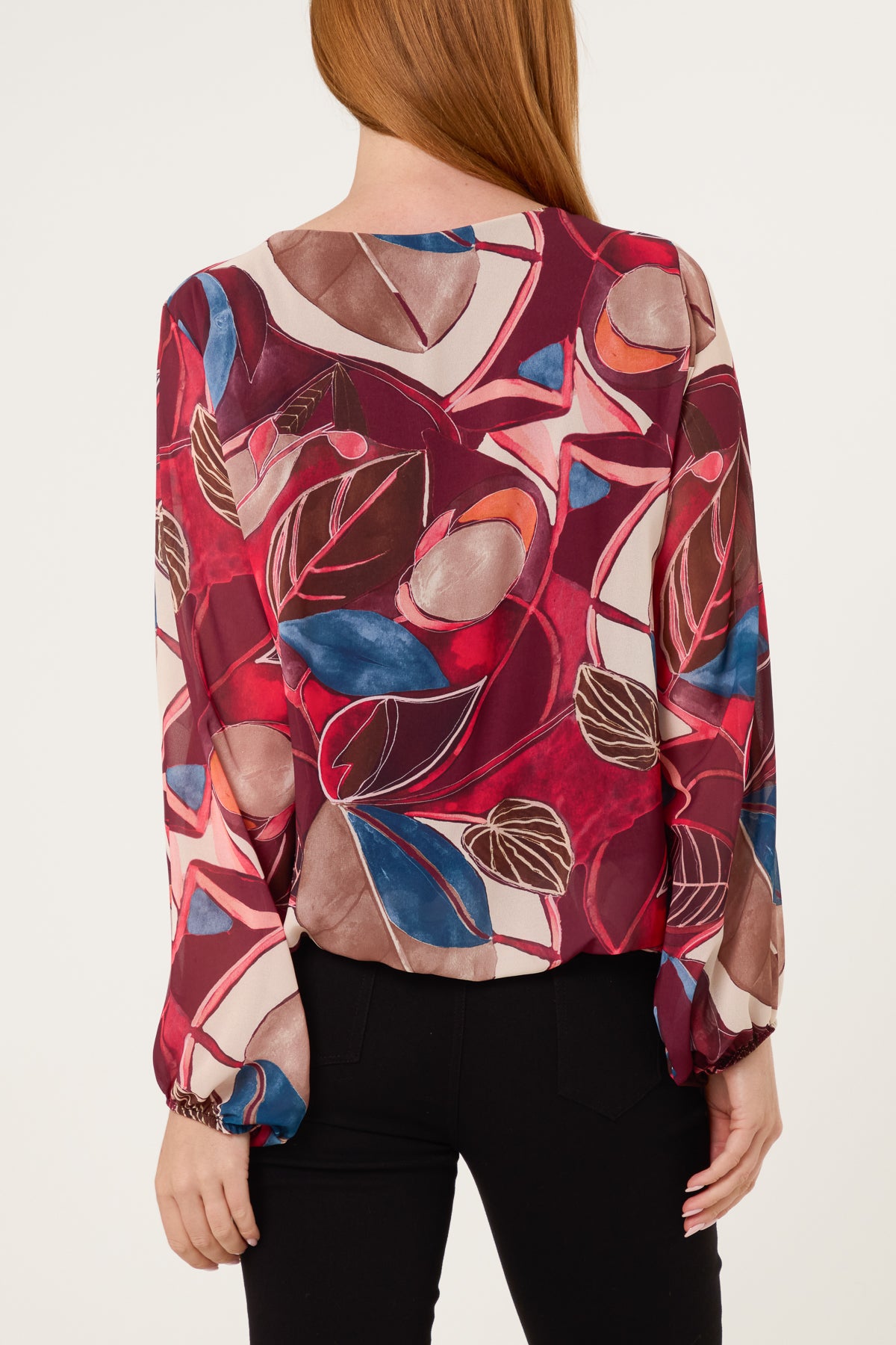 Scoop Neck Leave Print Blouse
