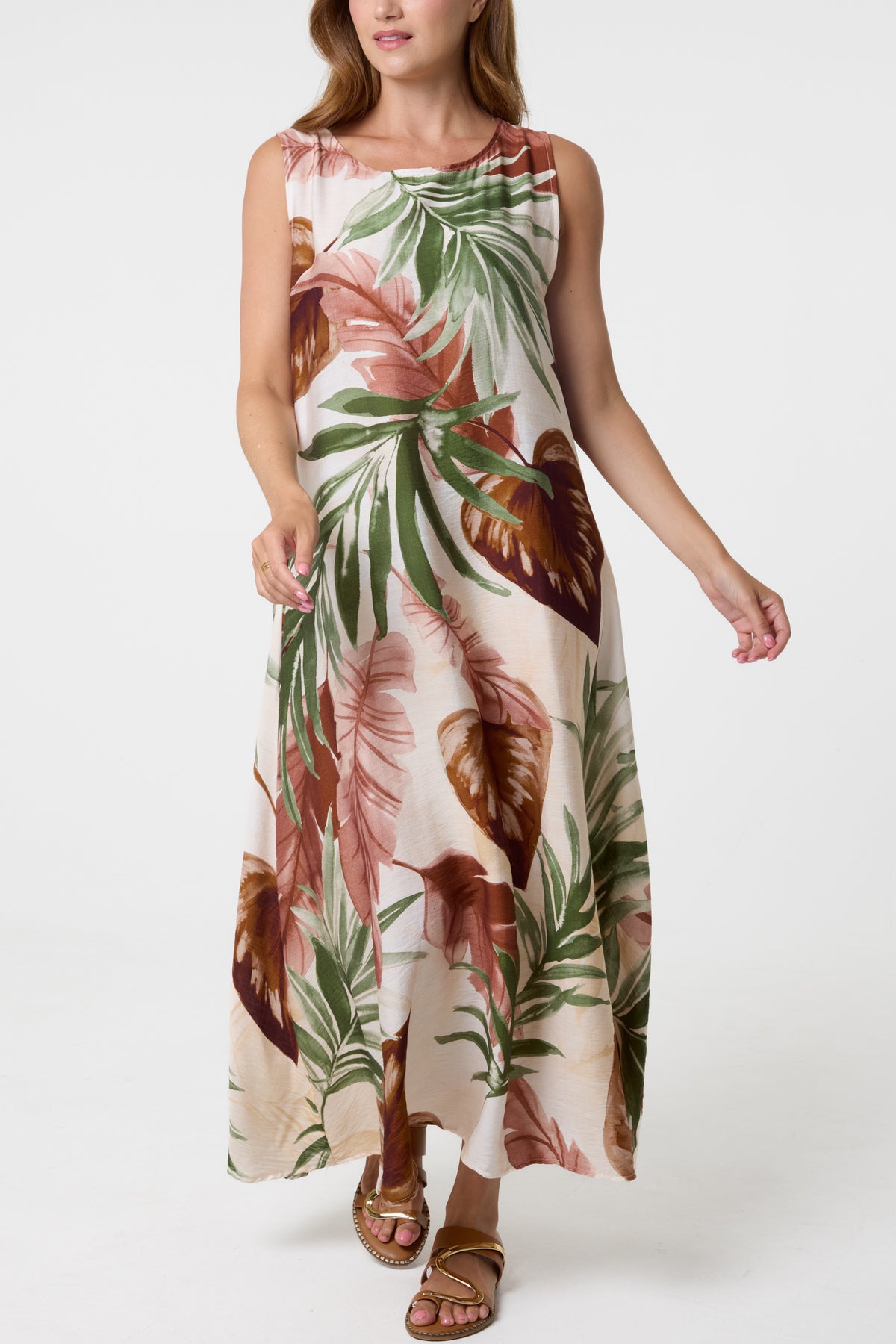 Leave Print Sleeveless Midi Dress