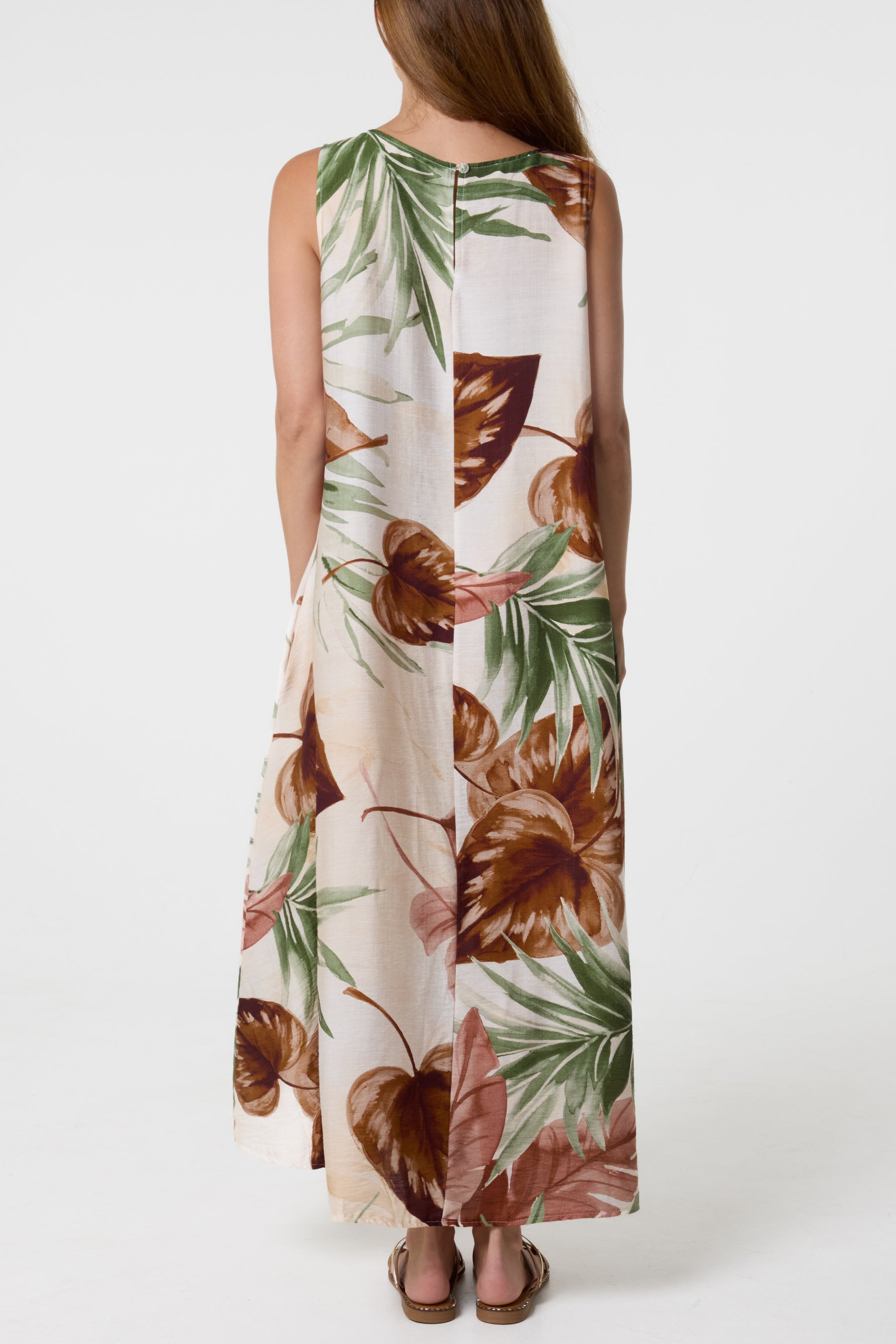 Leave Print Sleeveless Midi Dress