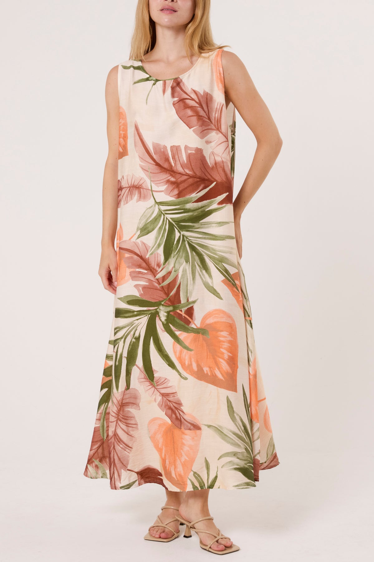 Leave Print Sleeveless Midi Dress