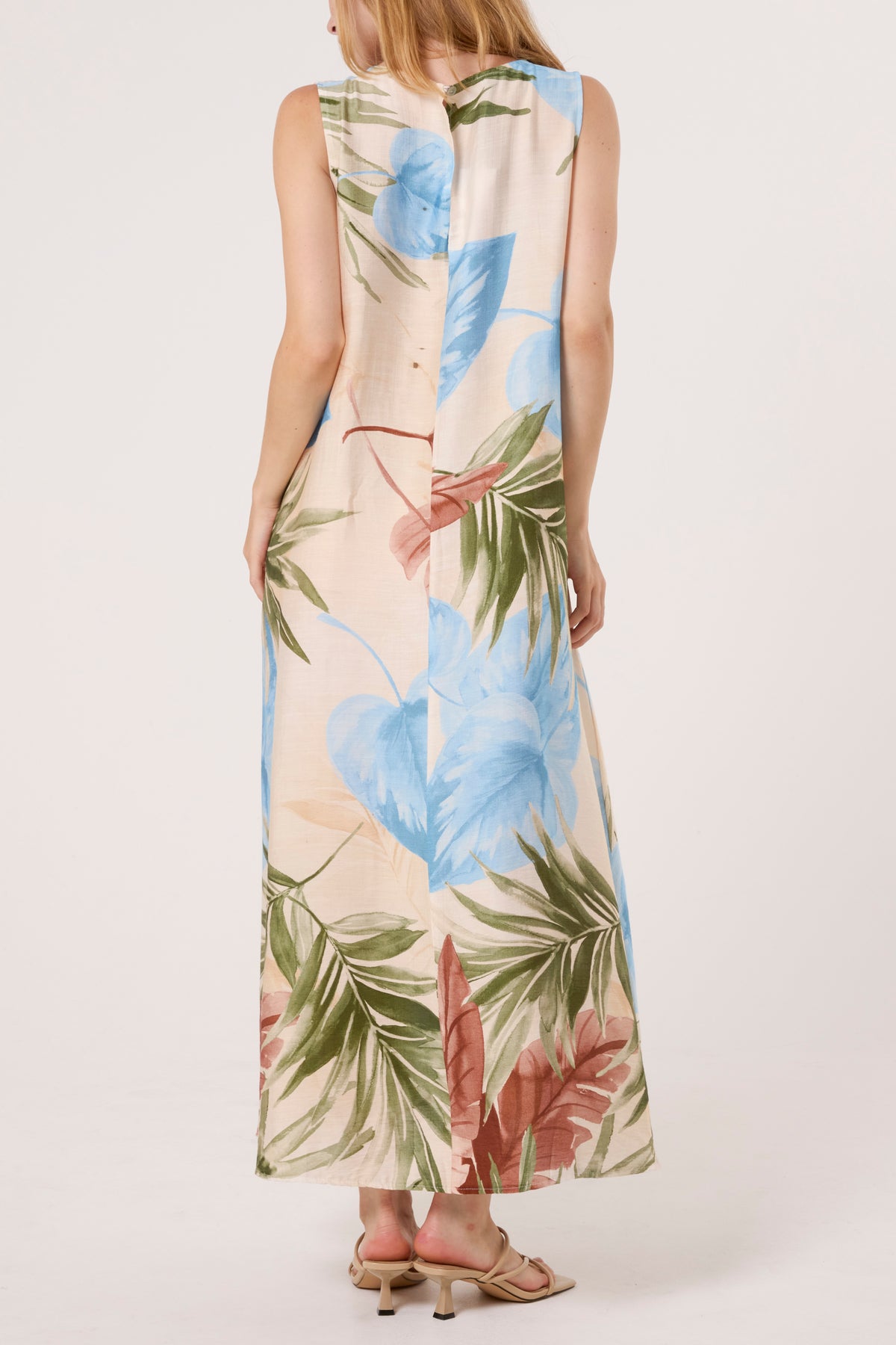 Leave Print Sleeveless Midi Dress