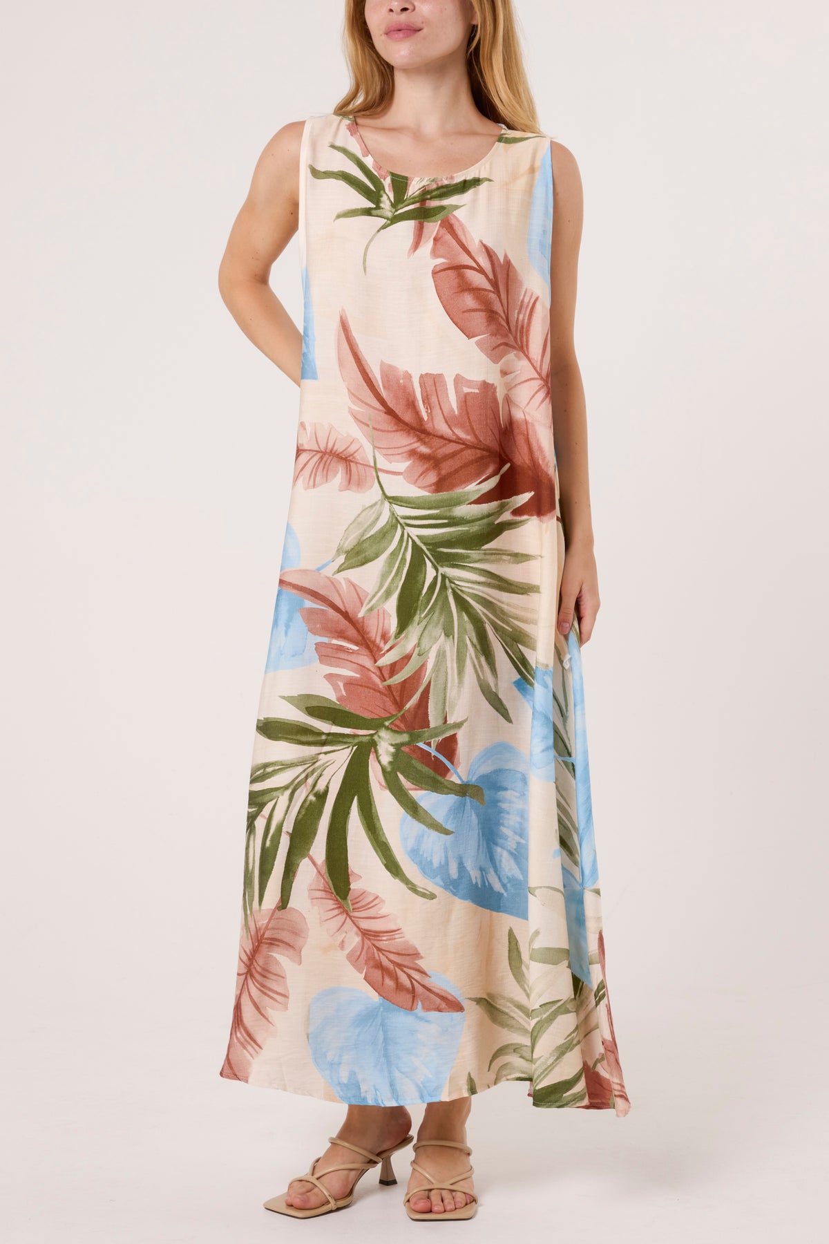 Leave Print Sleeveless Midi Dress