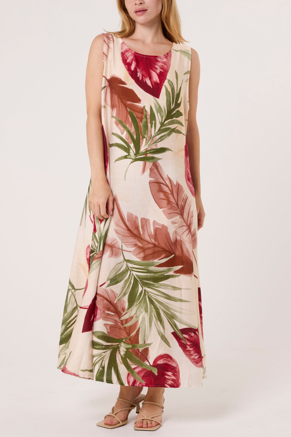 Leave Print Sleeveless Midi Dress