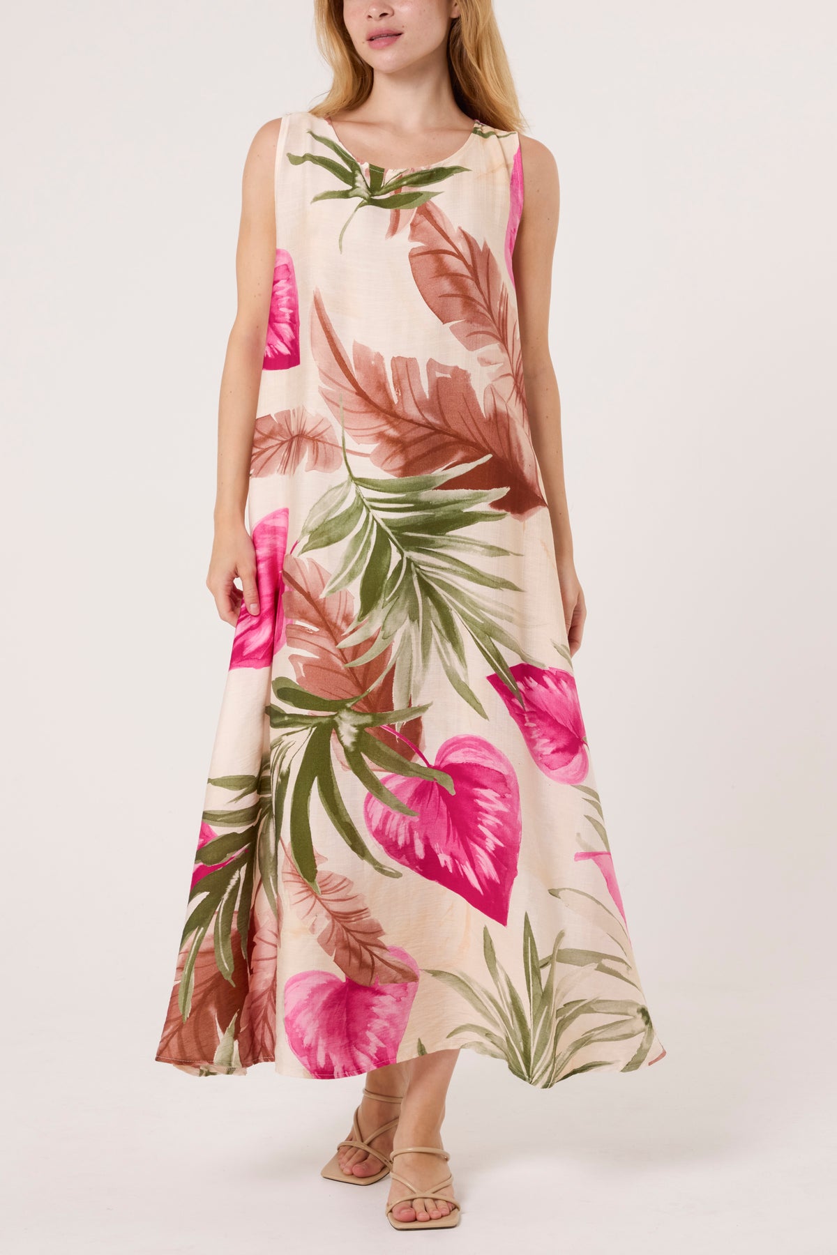 Leave Print Sleeveless Midi Dress