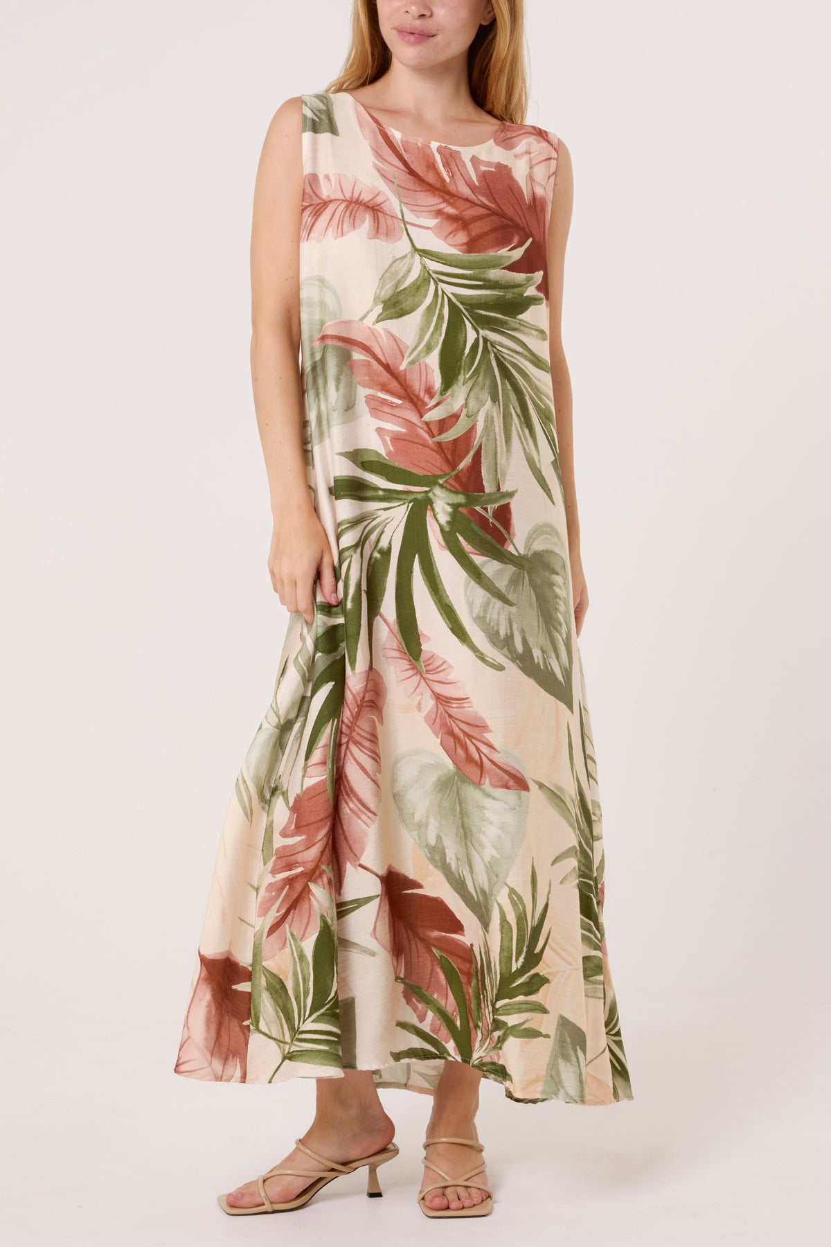 Leave Print Sleeveless Midi Dress