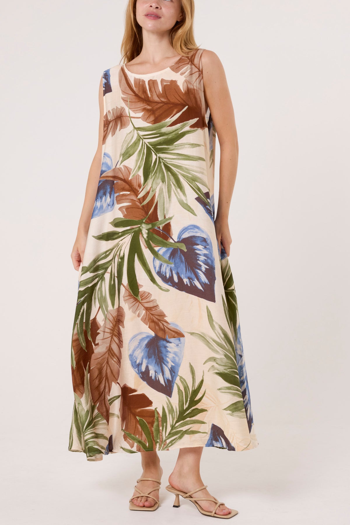 Leave Print Sleeveless Midi Dress