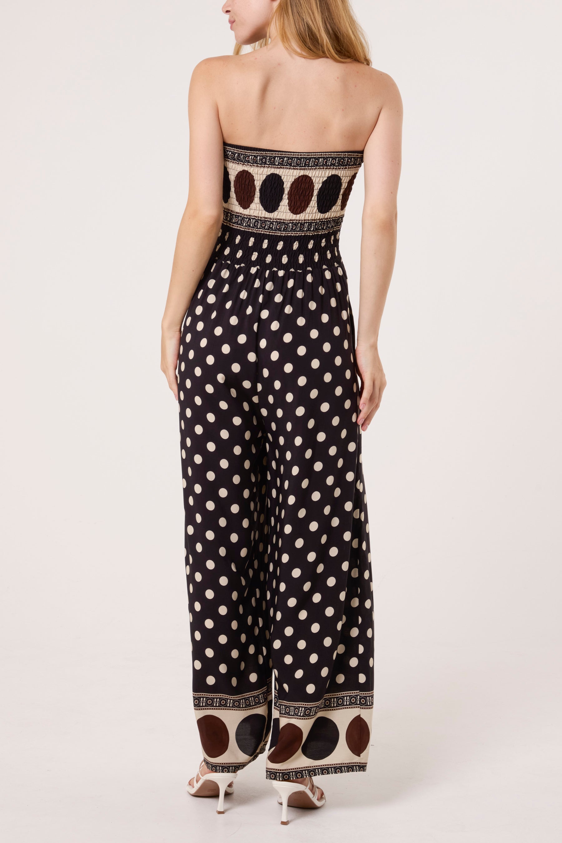 Polka Dot Bandeau Shirred Jumpsuit