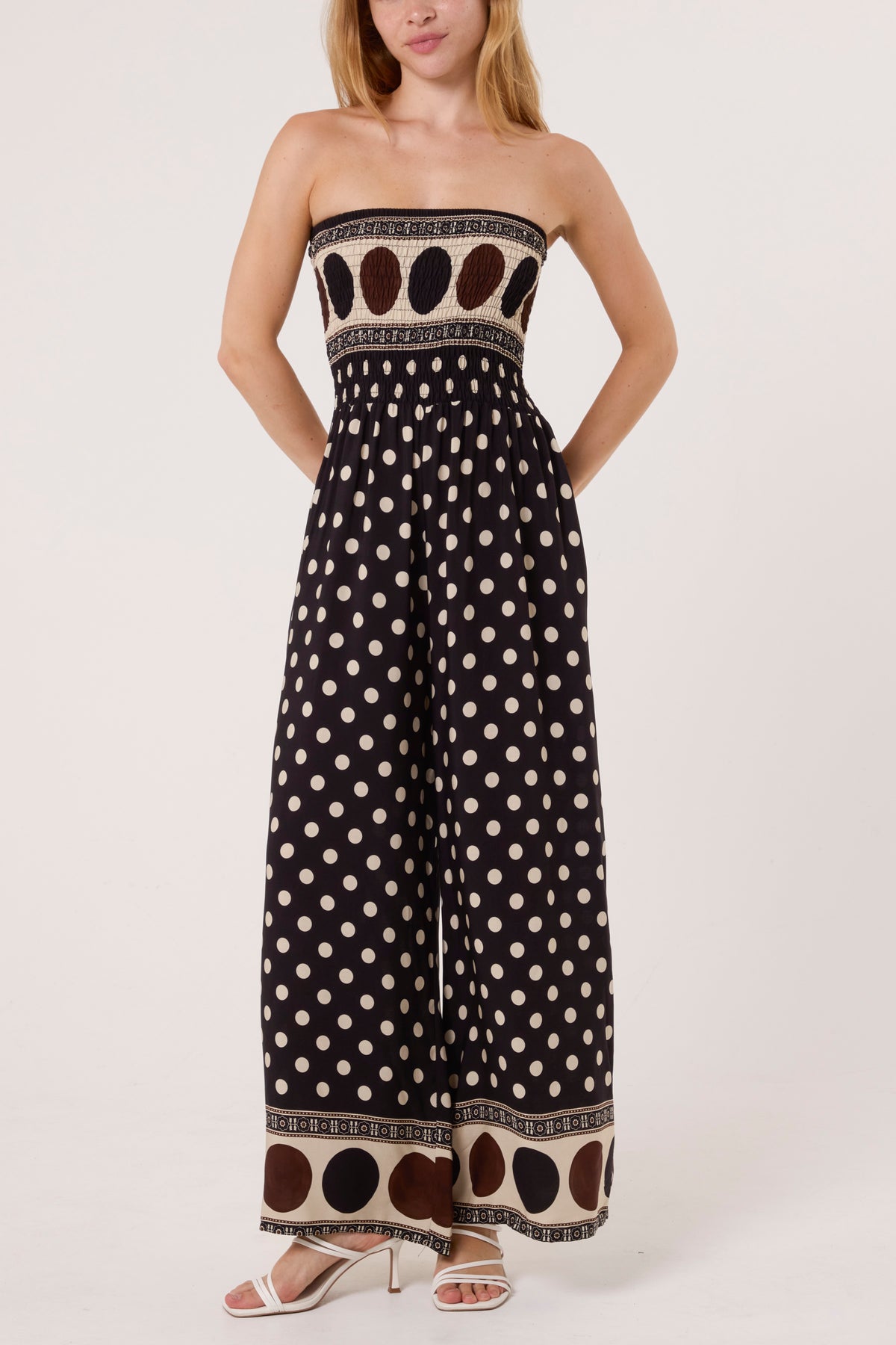 Polka Dot Bandeau Shirred Jumpsuit
