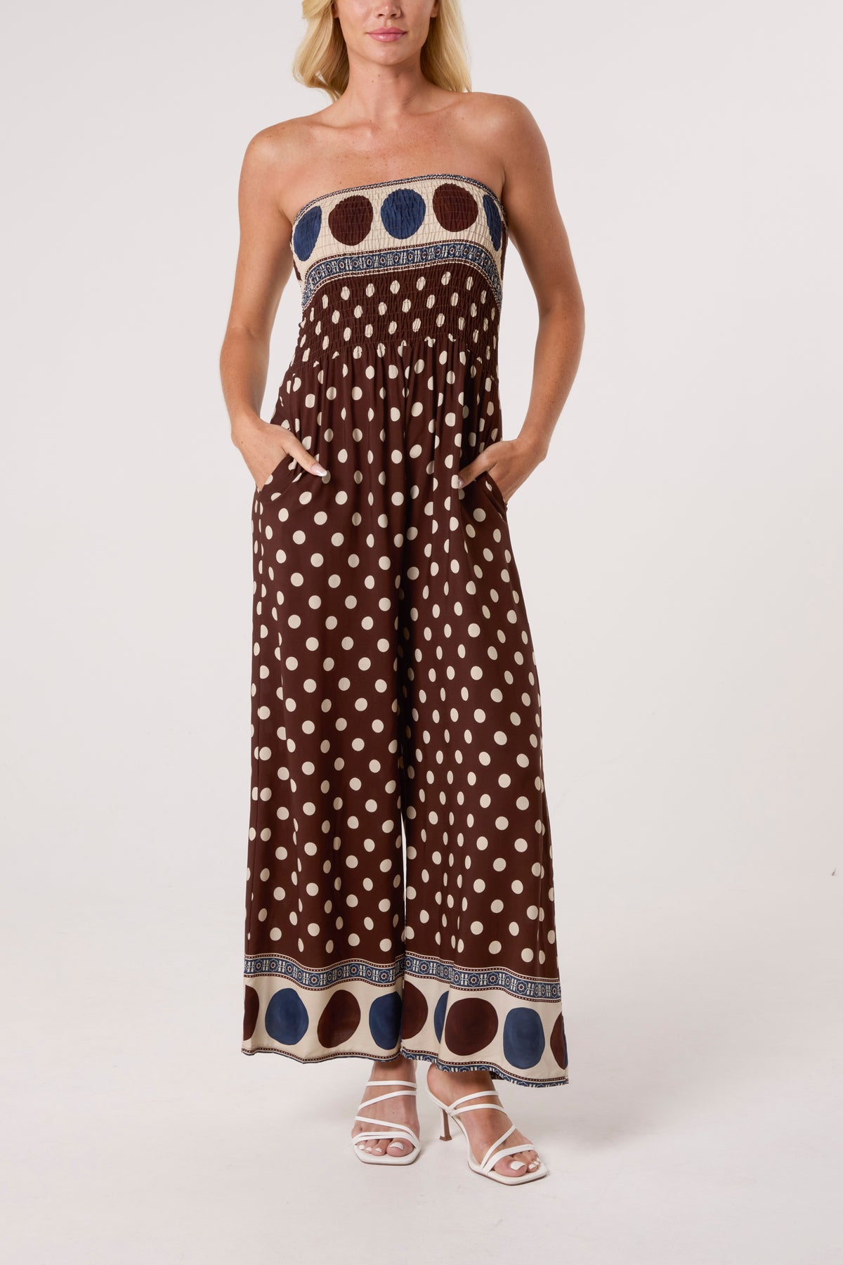Polka Dot Bandeau Shirred Jumpsuit