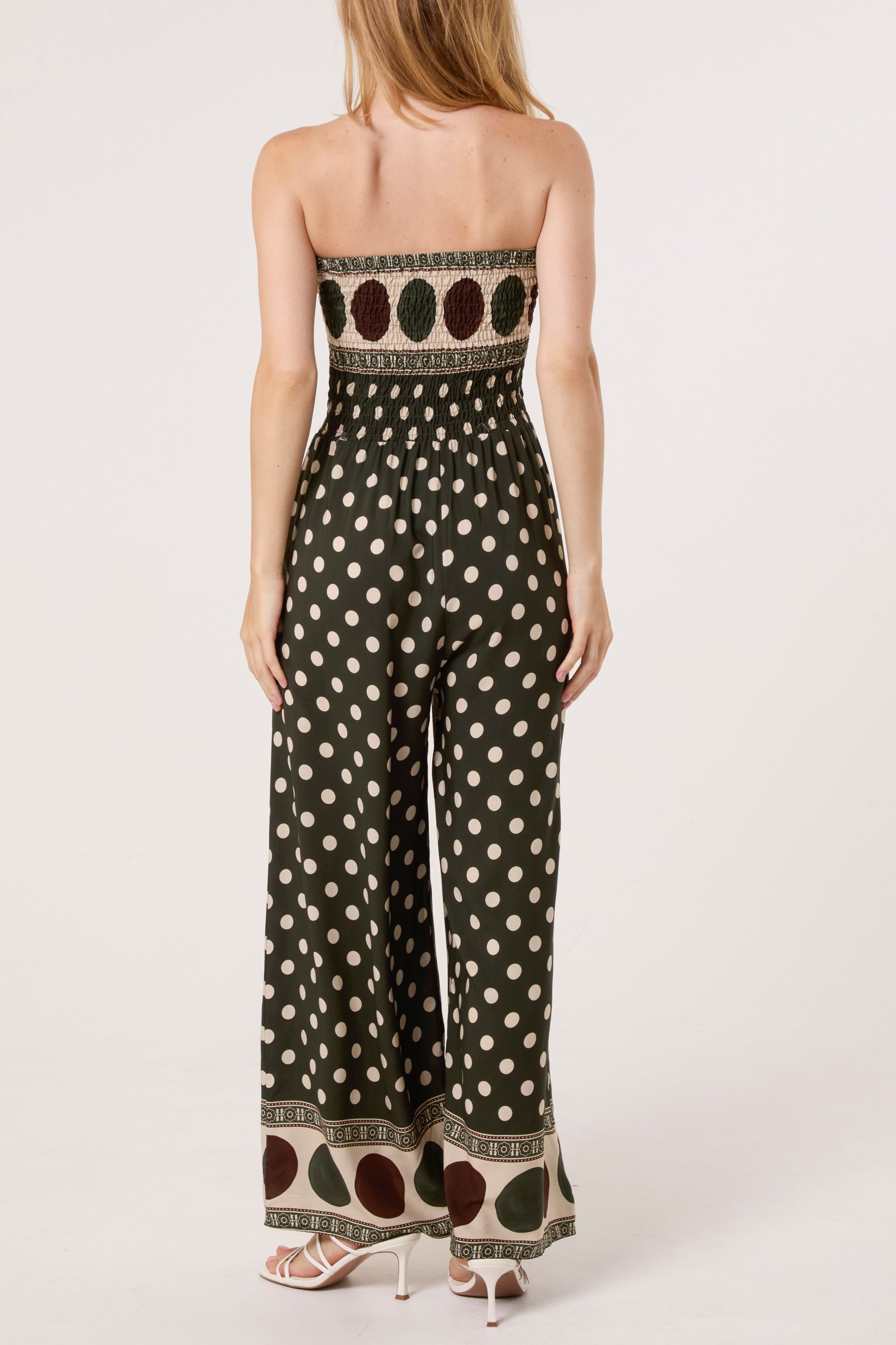 Polka Dot Bandeau Shirred Jumpsuit