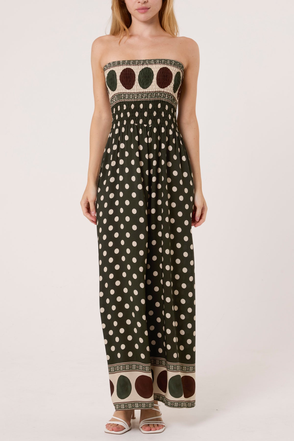 Polka Dot Bandeau Shirred Jumpsuit