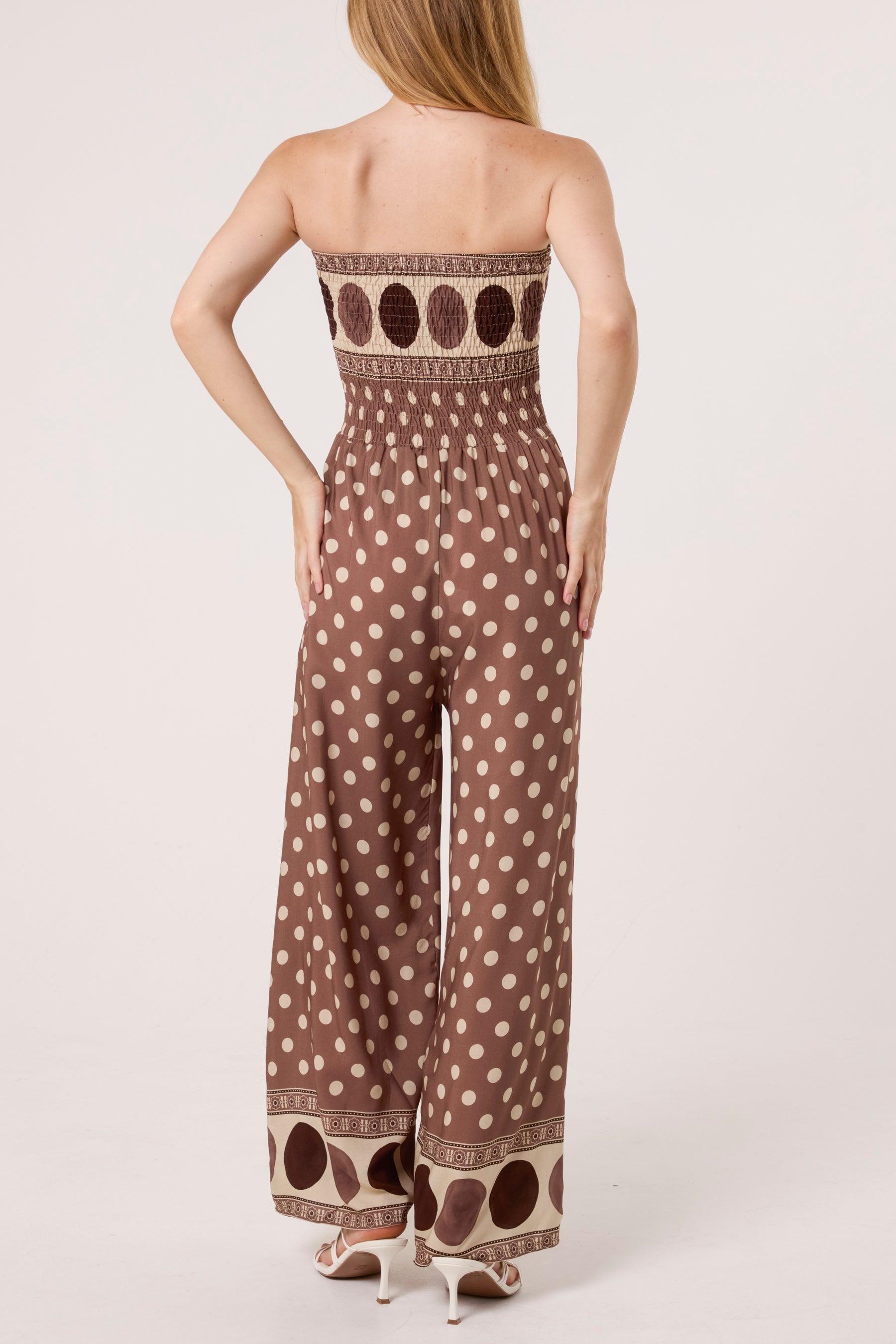 Polka Dot Bandeau Shirred Jumpsuit