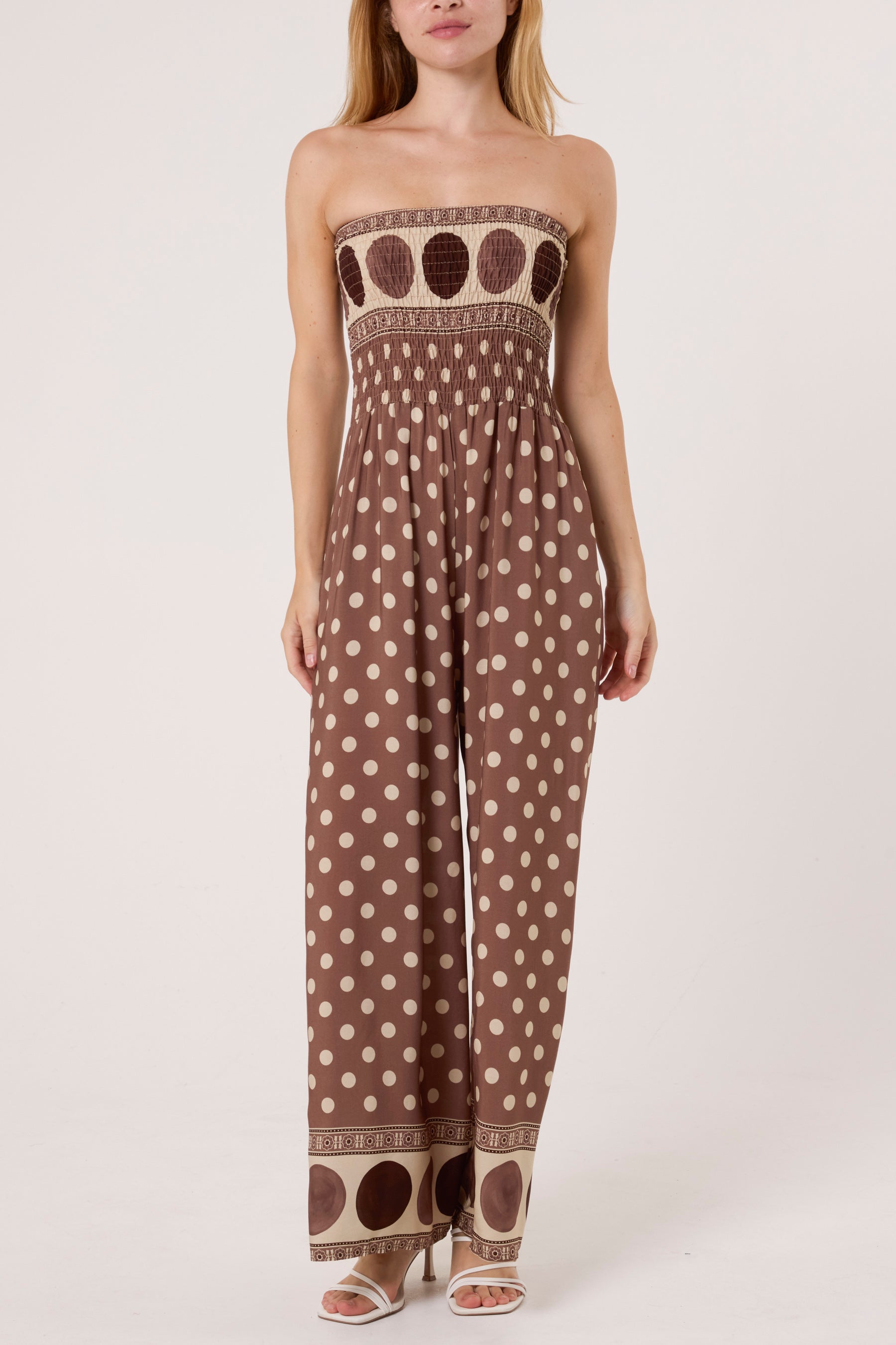 Polka Dot Bandeau Shirred Jumpsuit