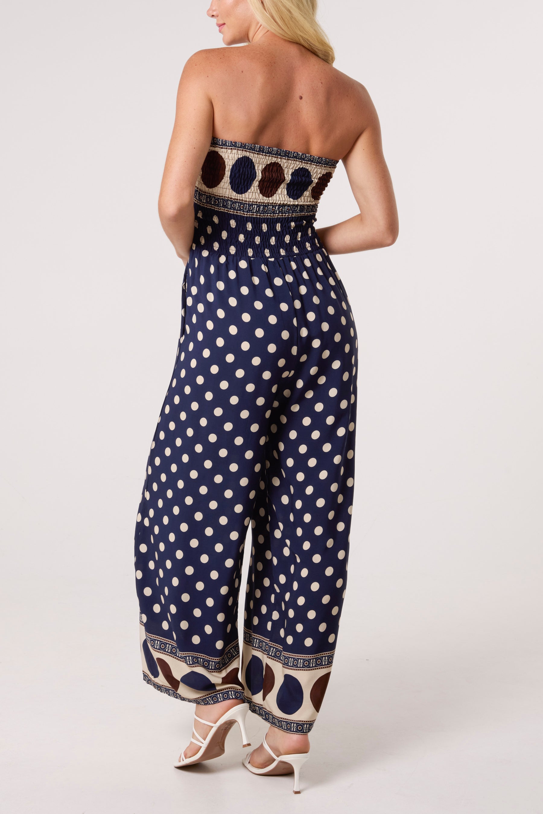 Polka Dot Bandeau Shirred Jumpsuit