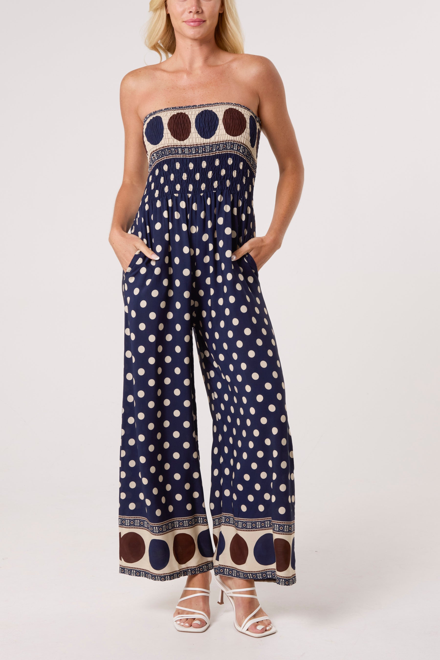 Polka Dot Bandeau Shirred Jumpsuit