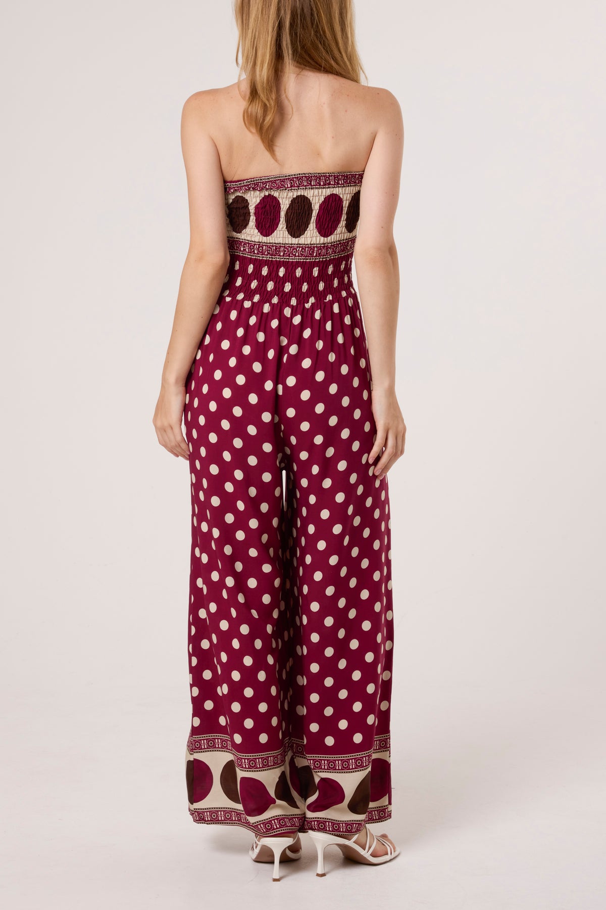 Polka Dot Bandeau Shirred Jumpsuit