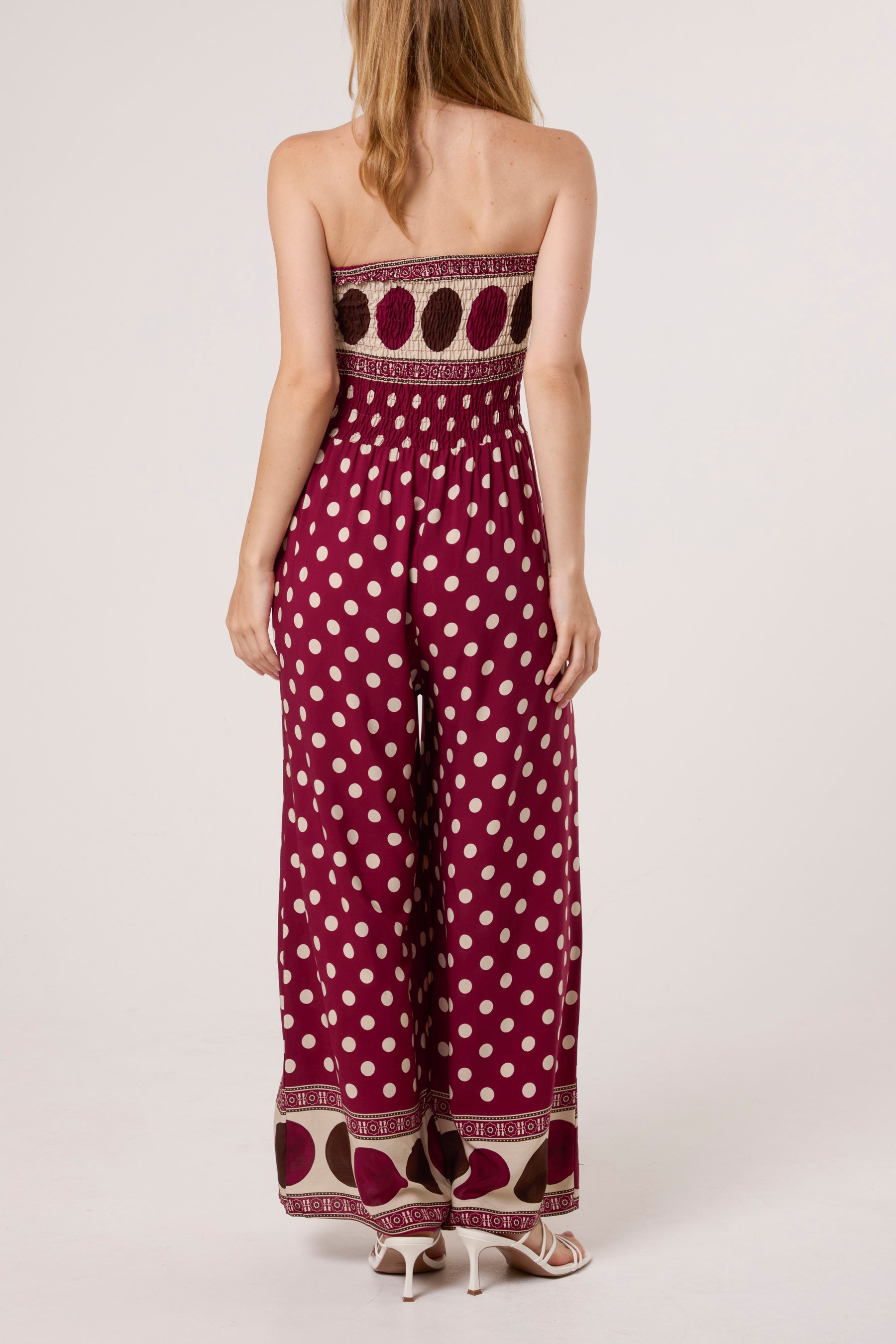 Polka Dot Bandeau Shirred Jumpsuit