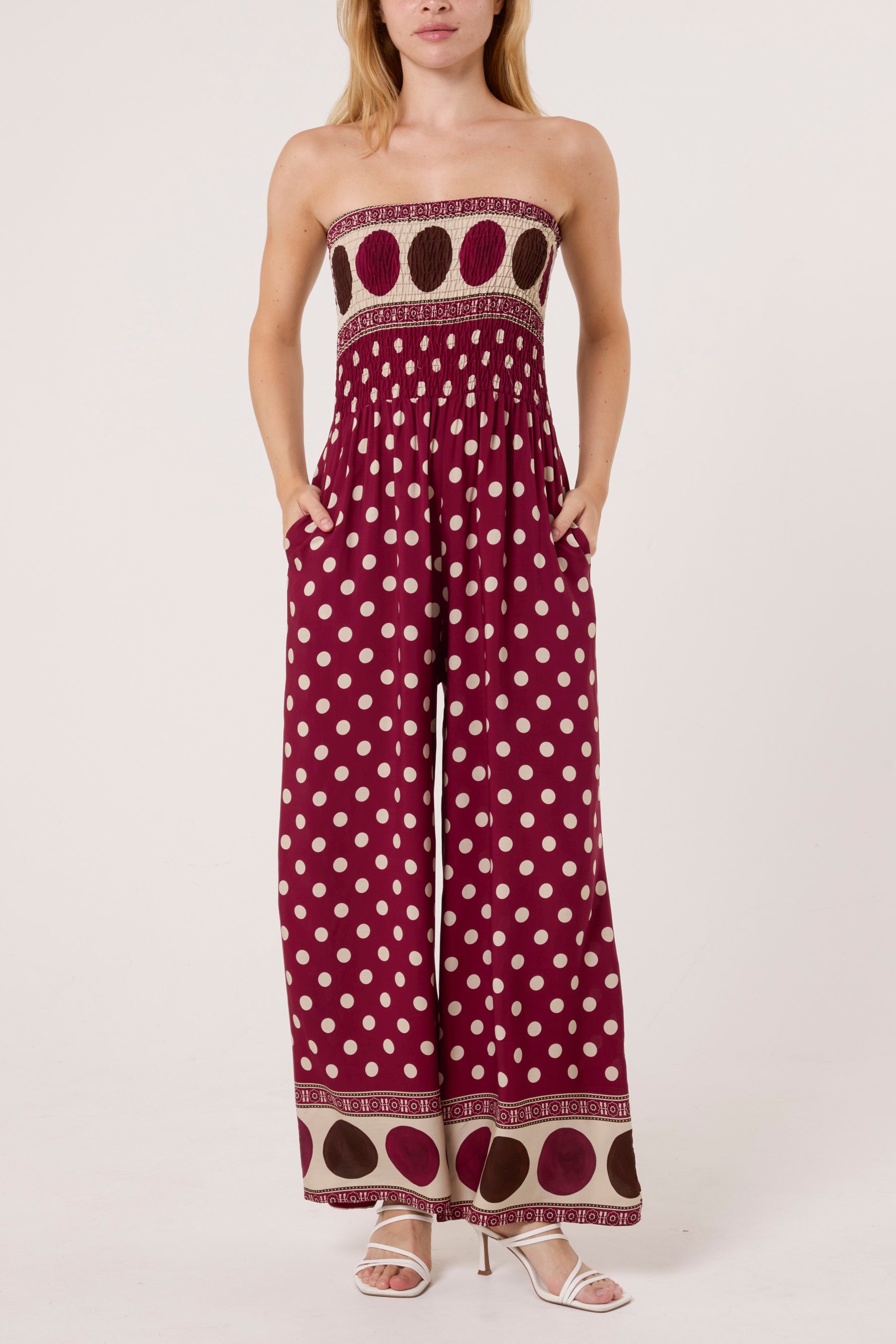 Polka Dot Bandeau Shirred Jumpsuit
