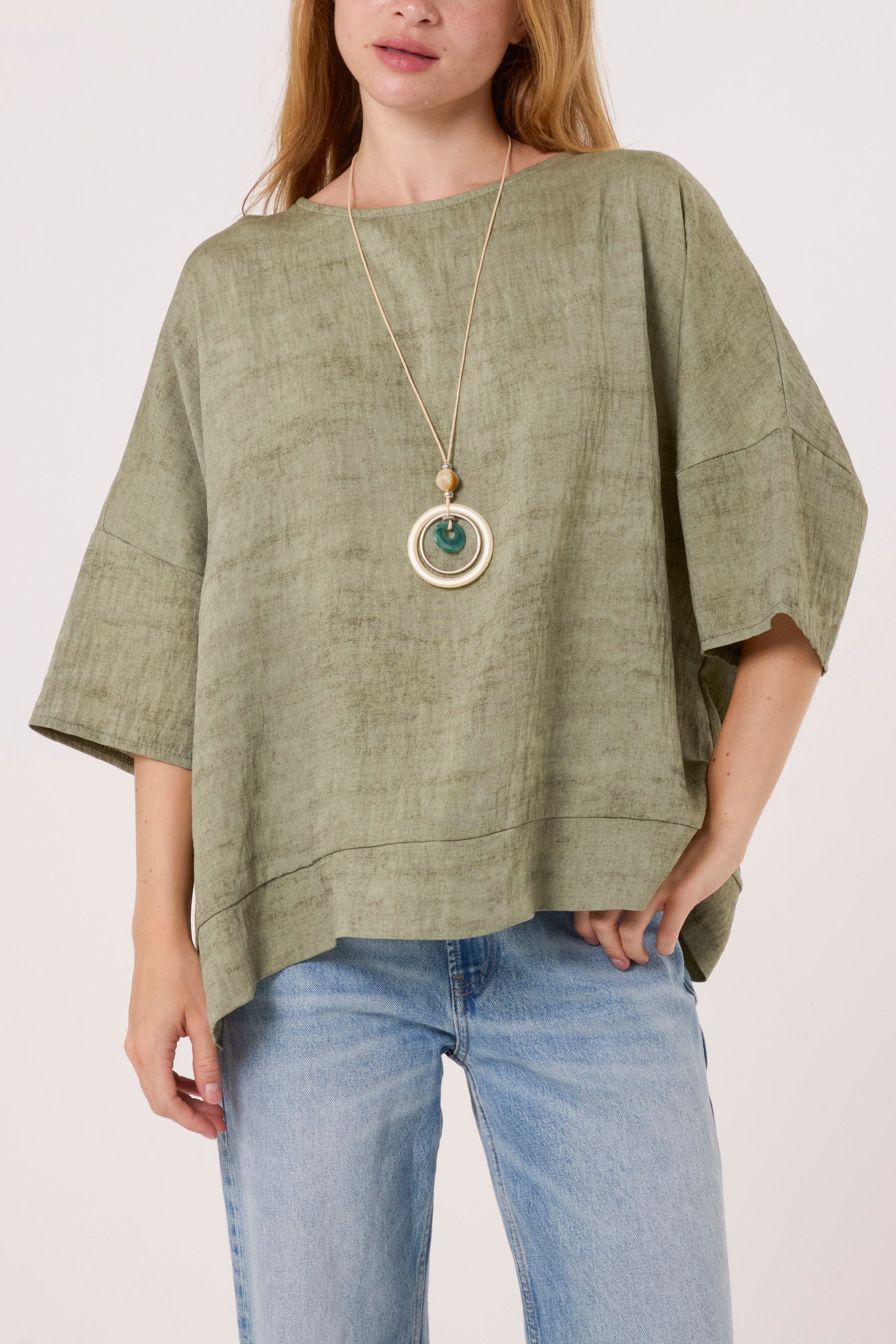 Necklace Acid Wash Short Sleeve Top