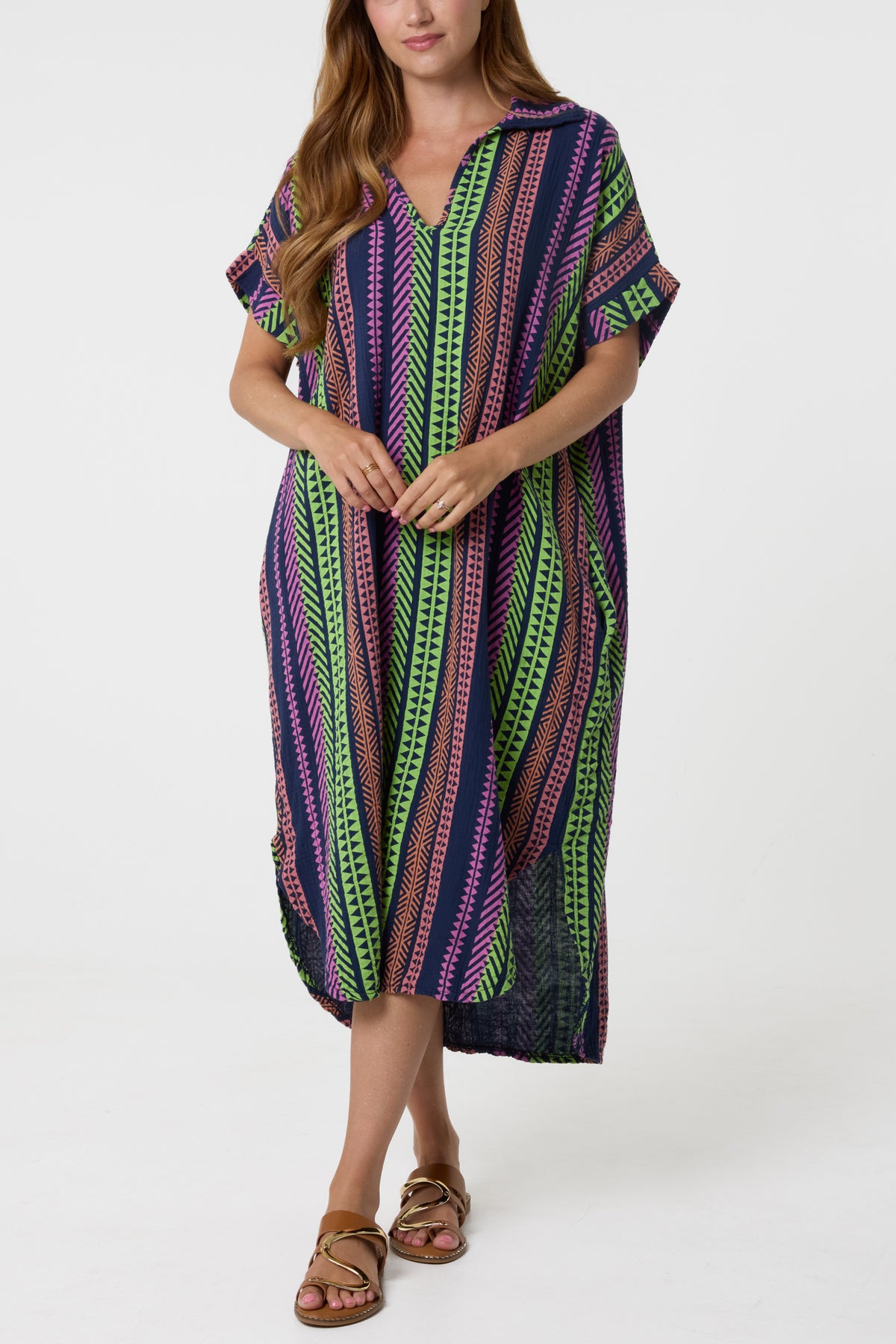 Aztec Print Cheesecloth Collar Dress