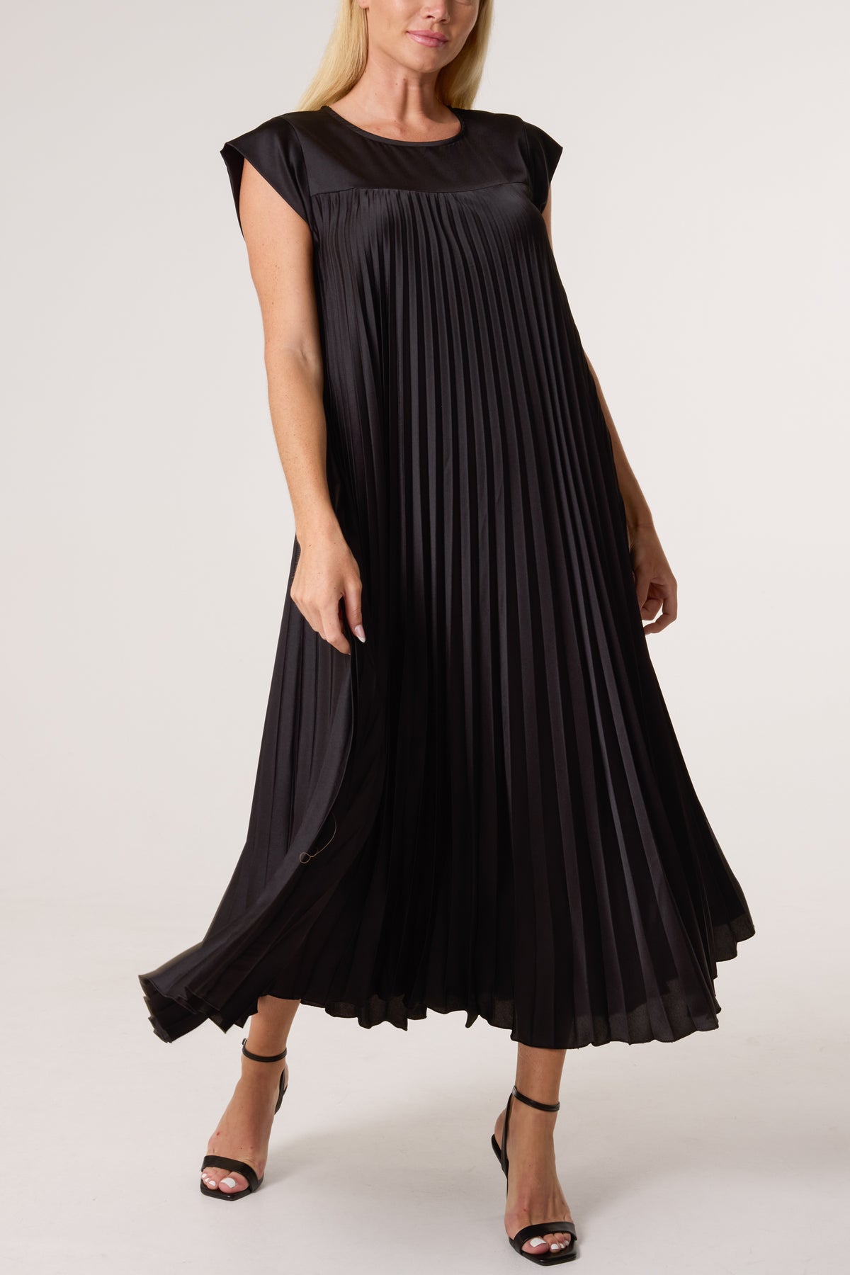 Cap Sleeve Satin Pleated Midi Dress