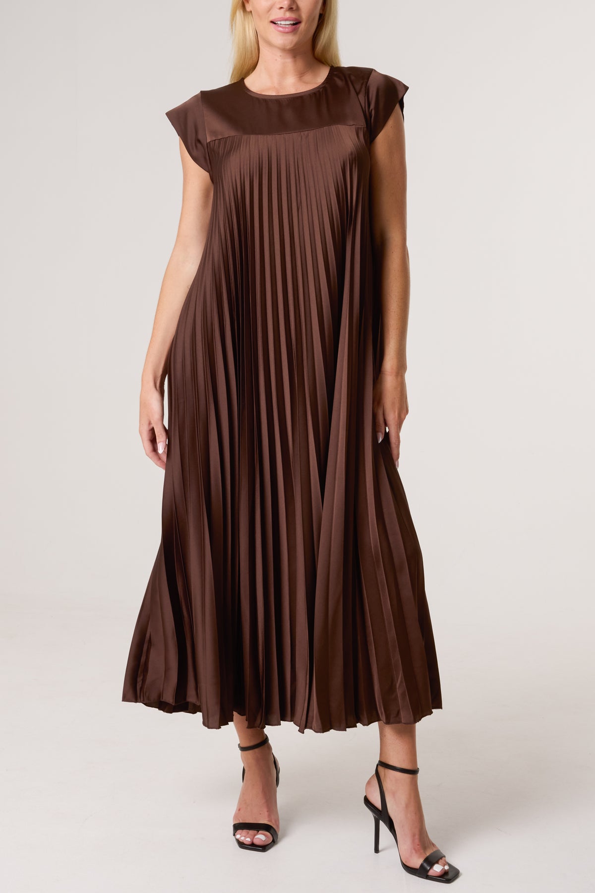 Cap Sleeve Satin Pleated Midi Dress
