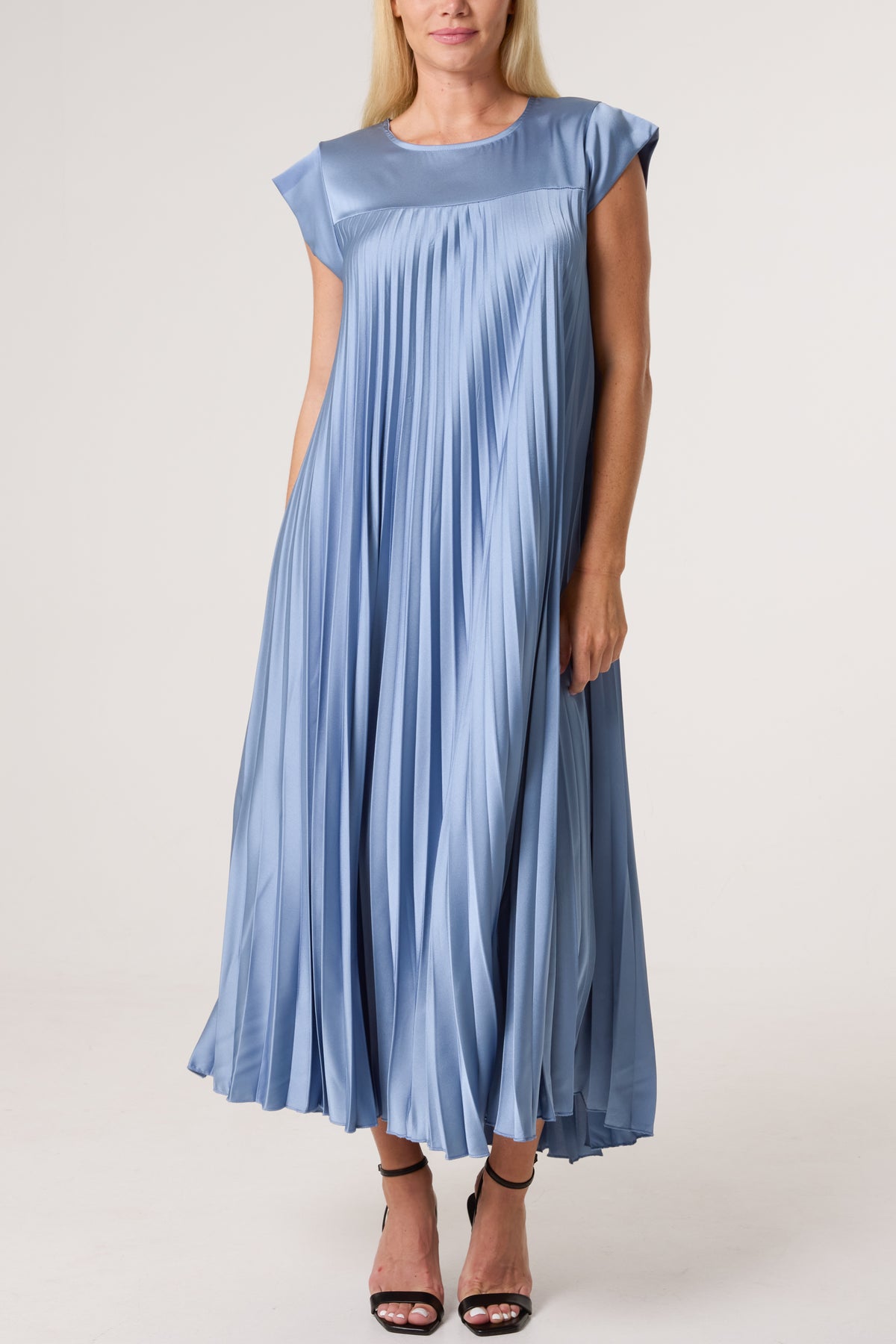 Cap Sleeve Satin Pleated Midi Dress