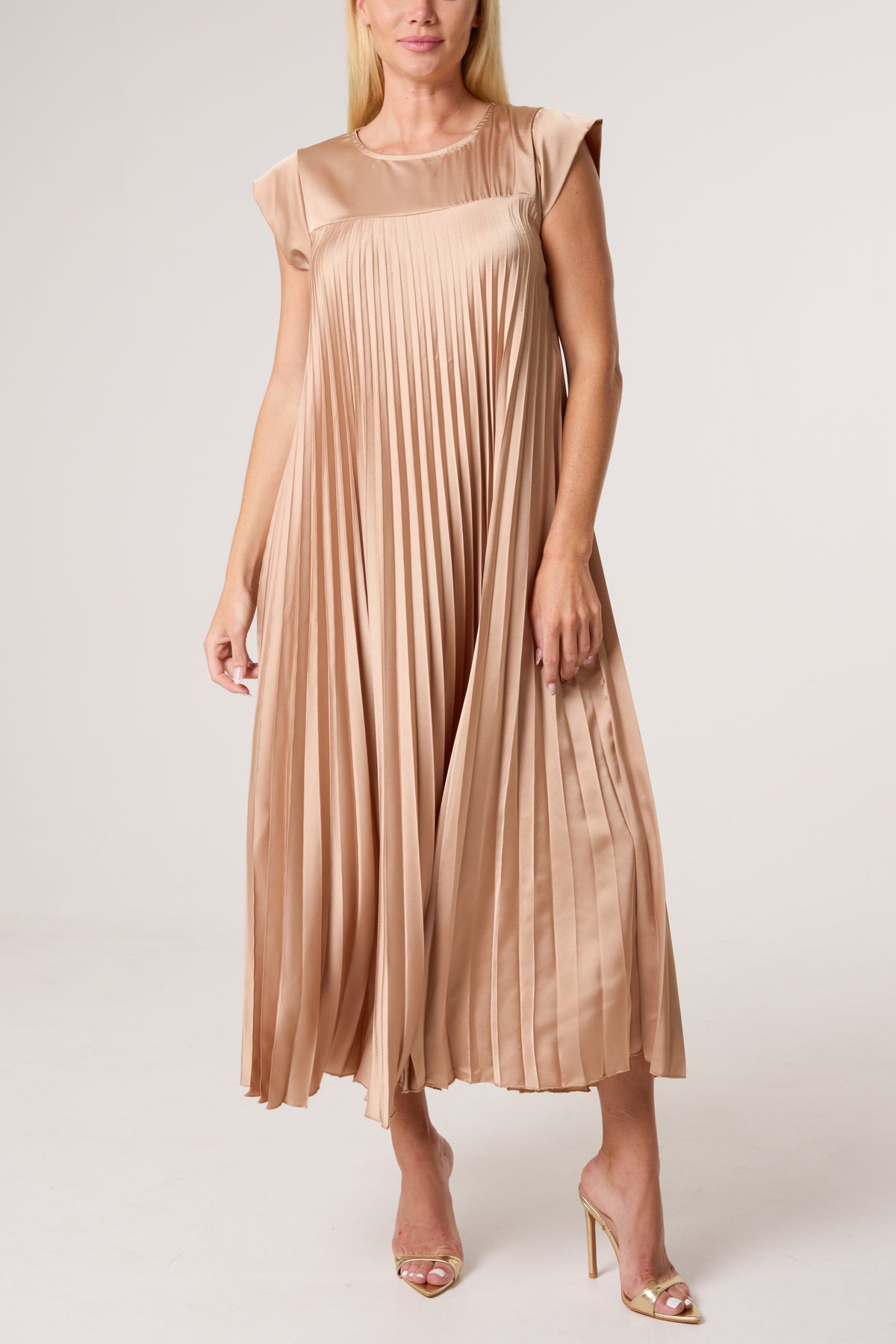 Cap Sleeve Satin Pleated Midi Dress