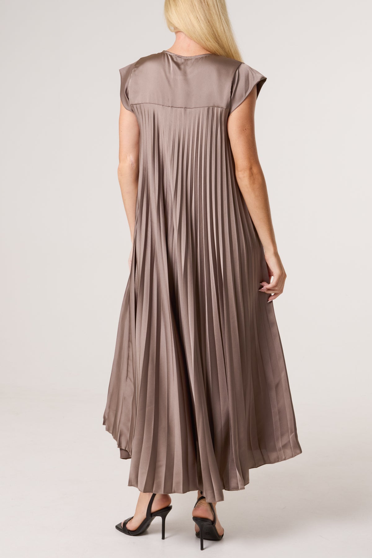 Cap Sleeve Satin Pleated Midi Dress