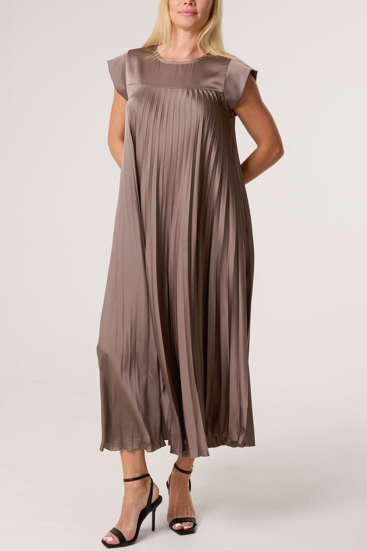 Cap Sleeve Satin Pleated Midi Dress