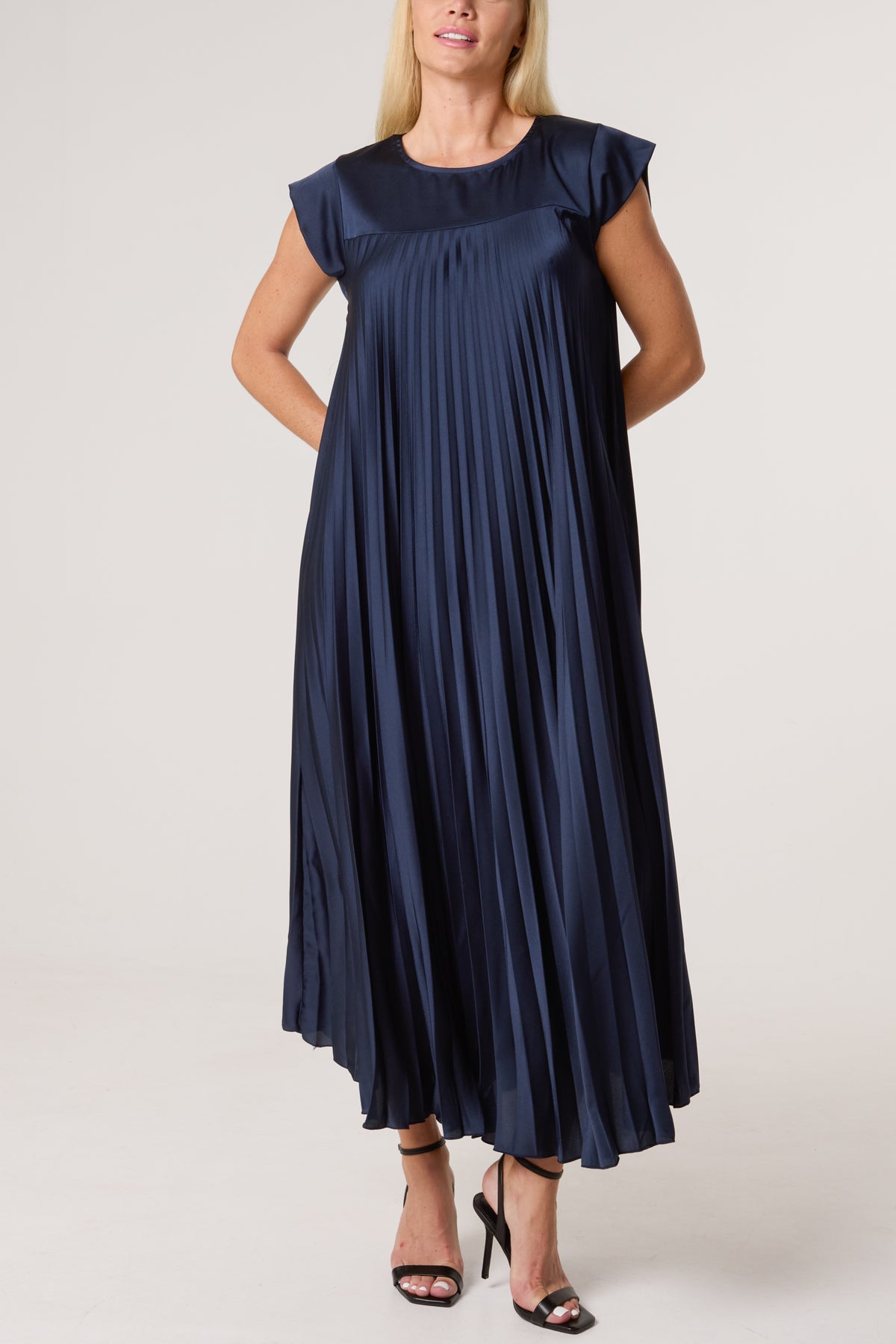 Cap Sleeve Satin Pleated Midi Dress
