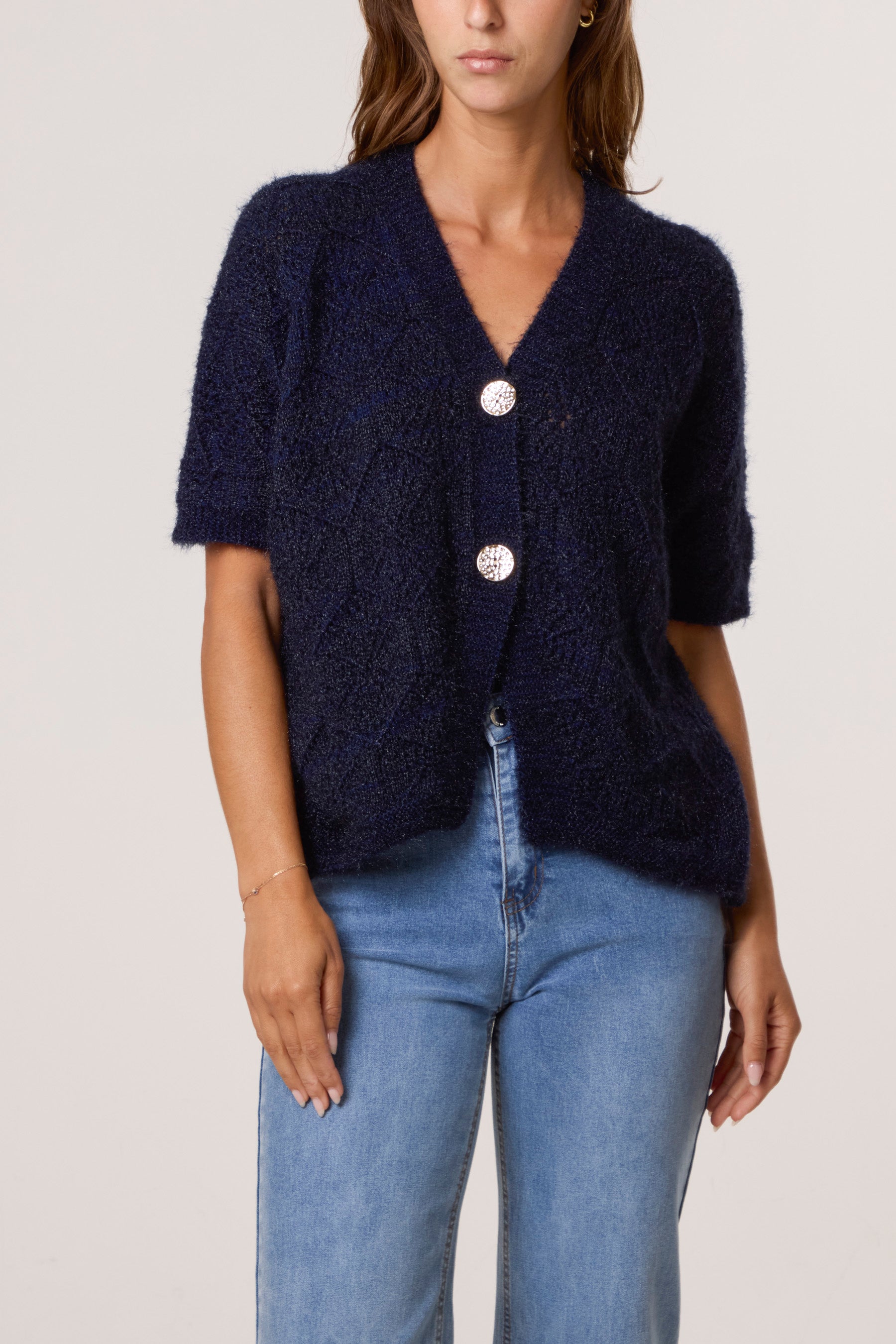 Pointelle Knit Short Sleeve Cardigan