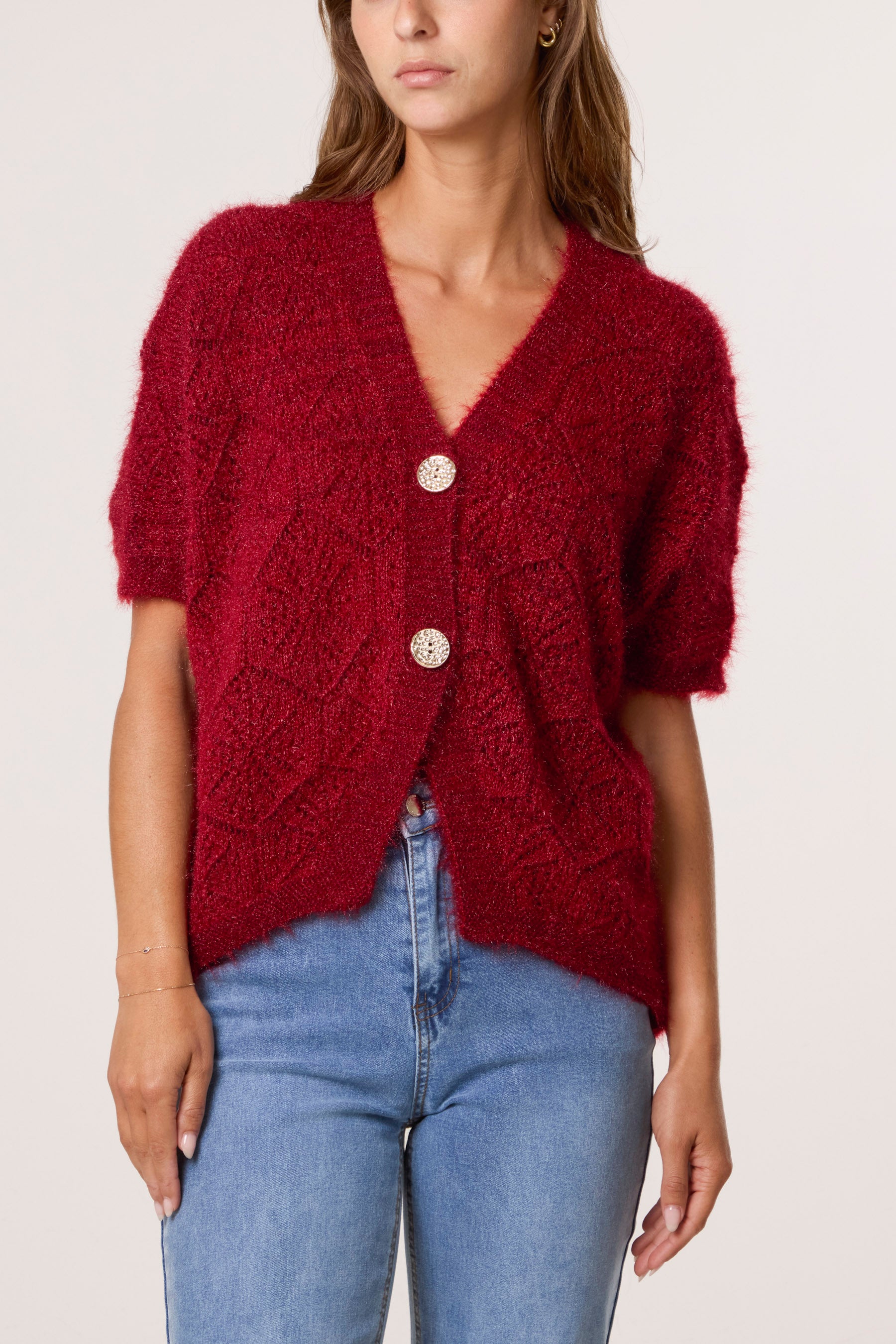 Pointelle Knit Short Sleeve Cardigan