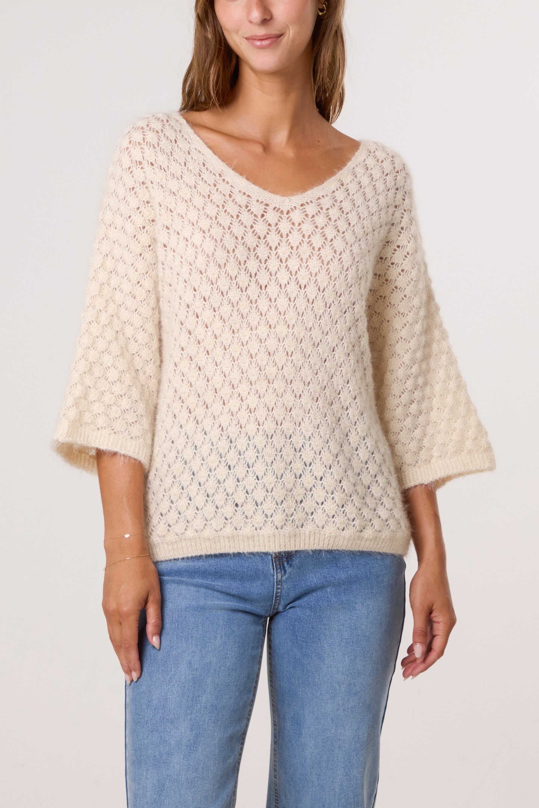 Pointelle Knit 3/4 Sleeve Jumper