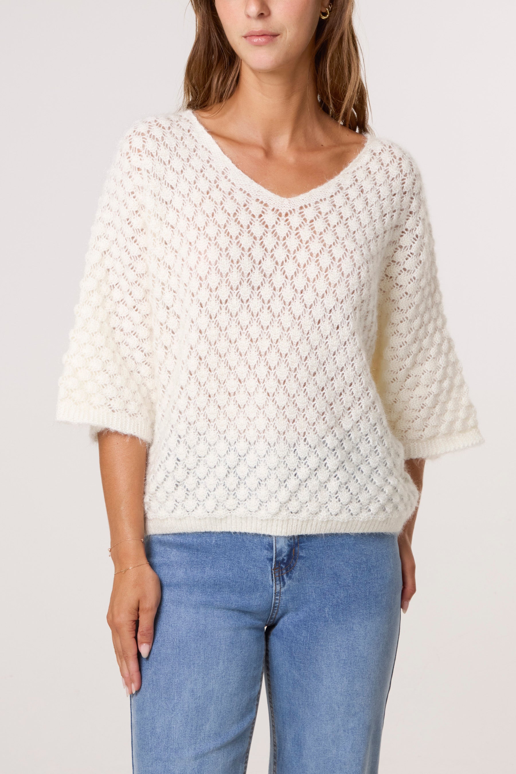 Pointelle Knit 3/4 Sleeve Jumper
