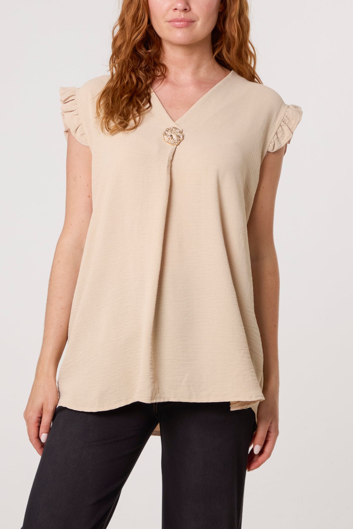 Frill Sleeve Front Button V-Neck Top